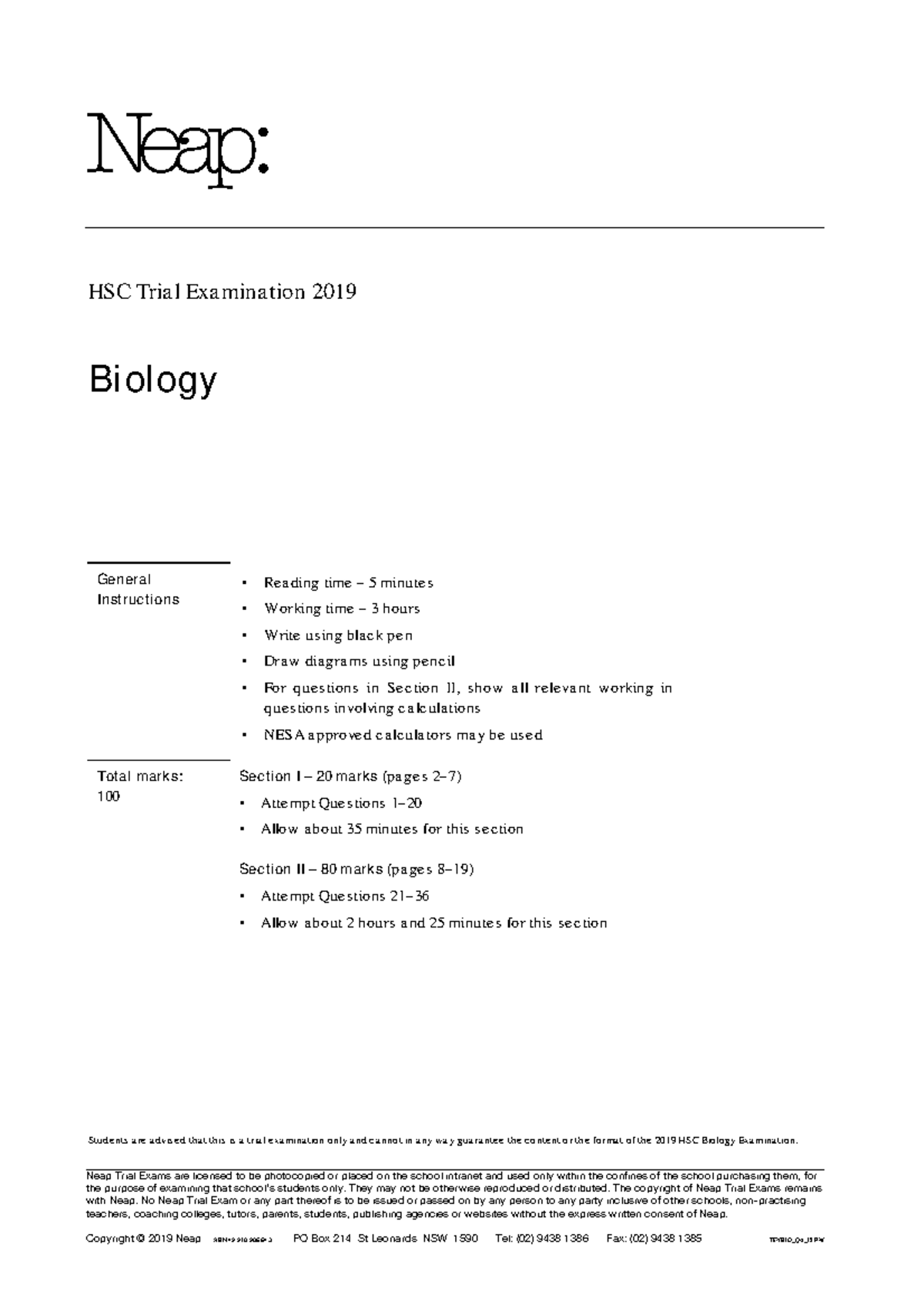 HSC Biology Trial Examination 2019 - General Instructions and Questions ...