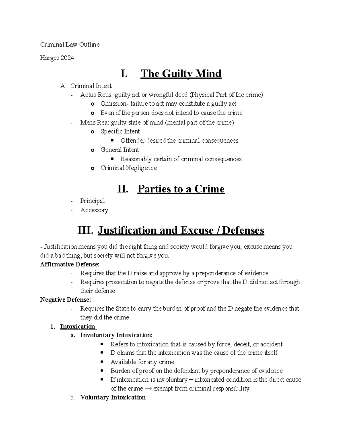 Crim Law Outline Notes 2024: Key Concepts and Defenses - Studocu