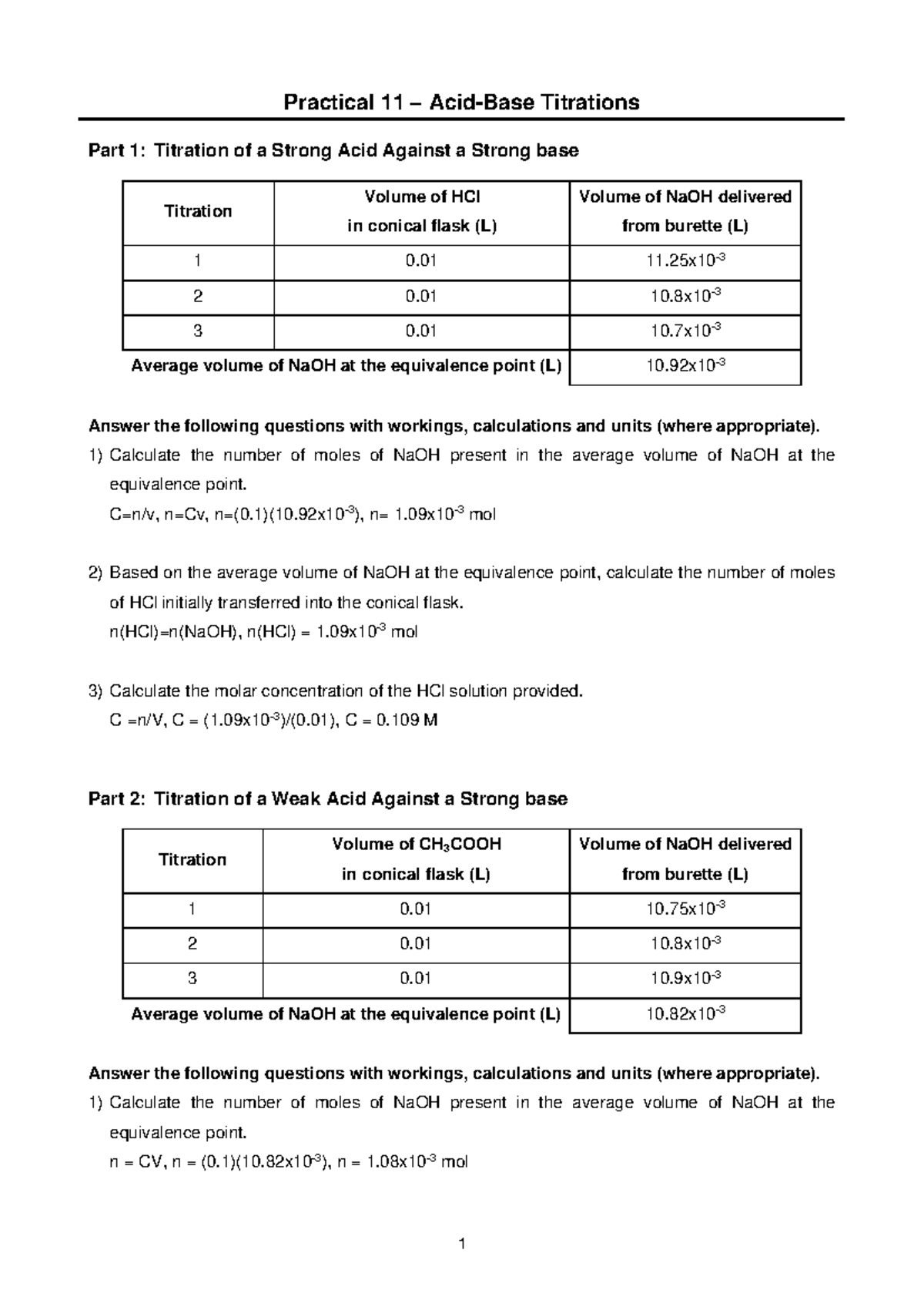 Chemistry Practical 11 - 1 Practical 11 − Acid-Base Titrations Part 1 ...