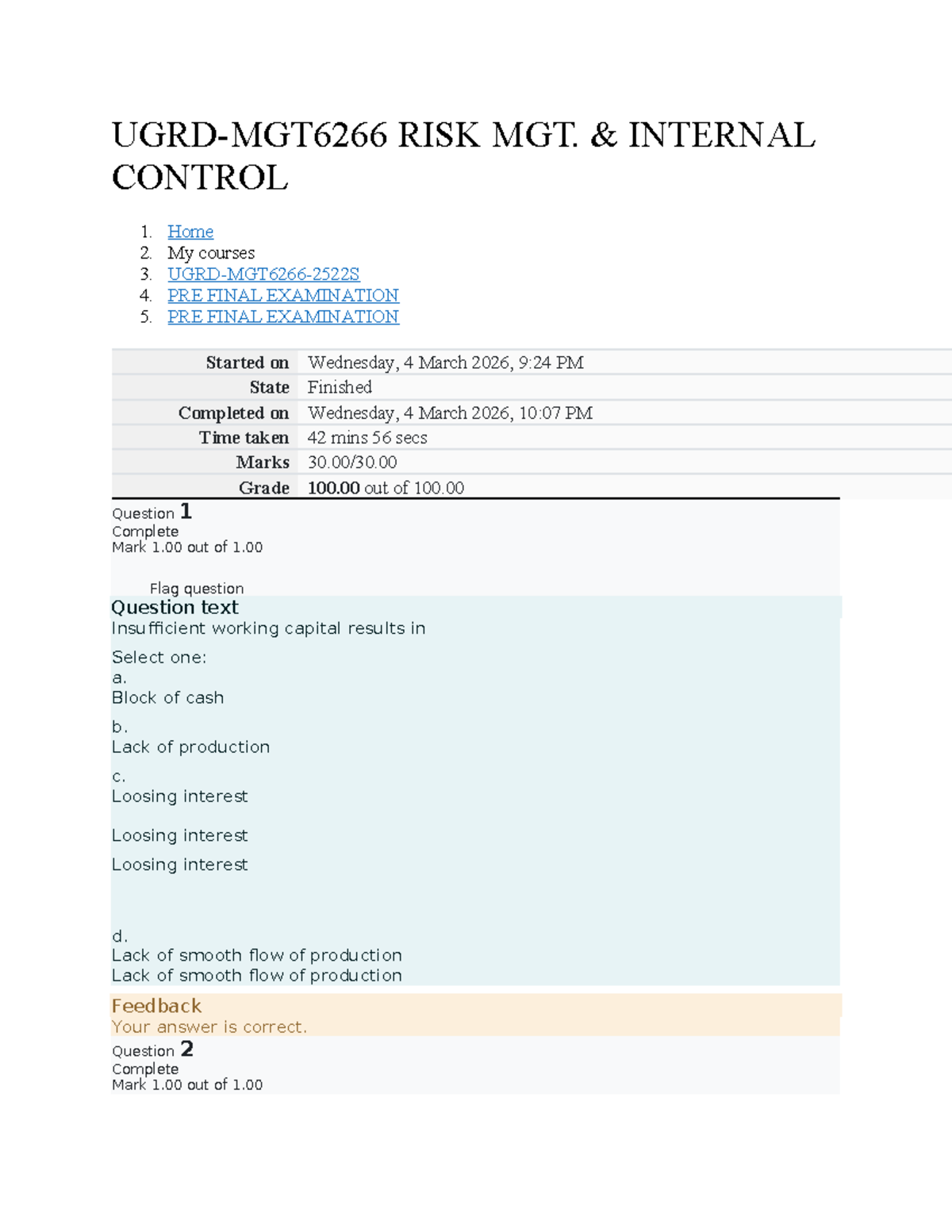 MGT6266 - Risk Management Pre-Final Exam Practice Questions - Studocu
