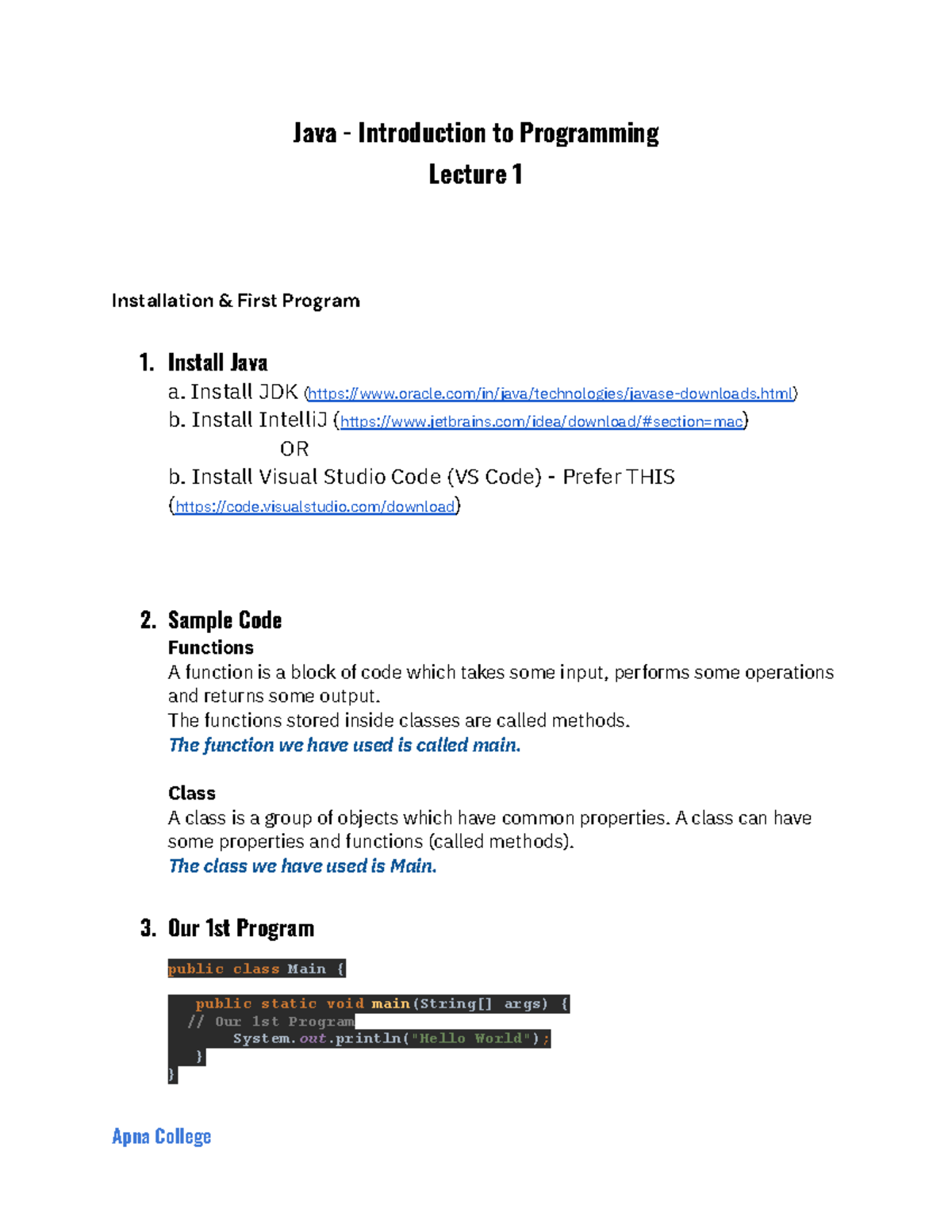 Java Lecture 1 - Introduction to Programming Notes - Studocu