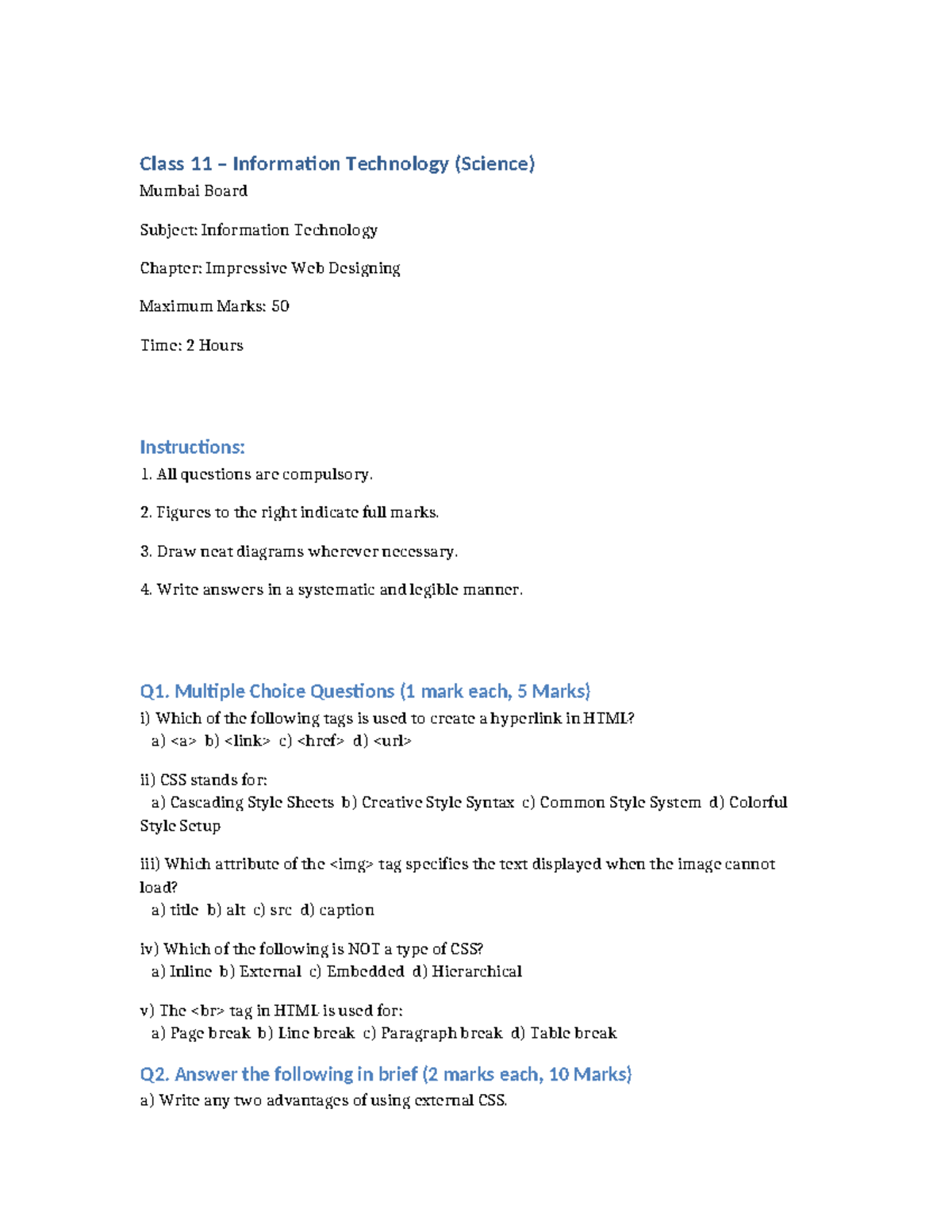 Class 11 IT Sem1C: Impressive Web Designing Sample Exam - Studocu
