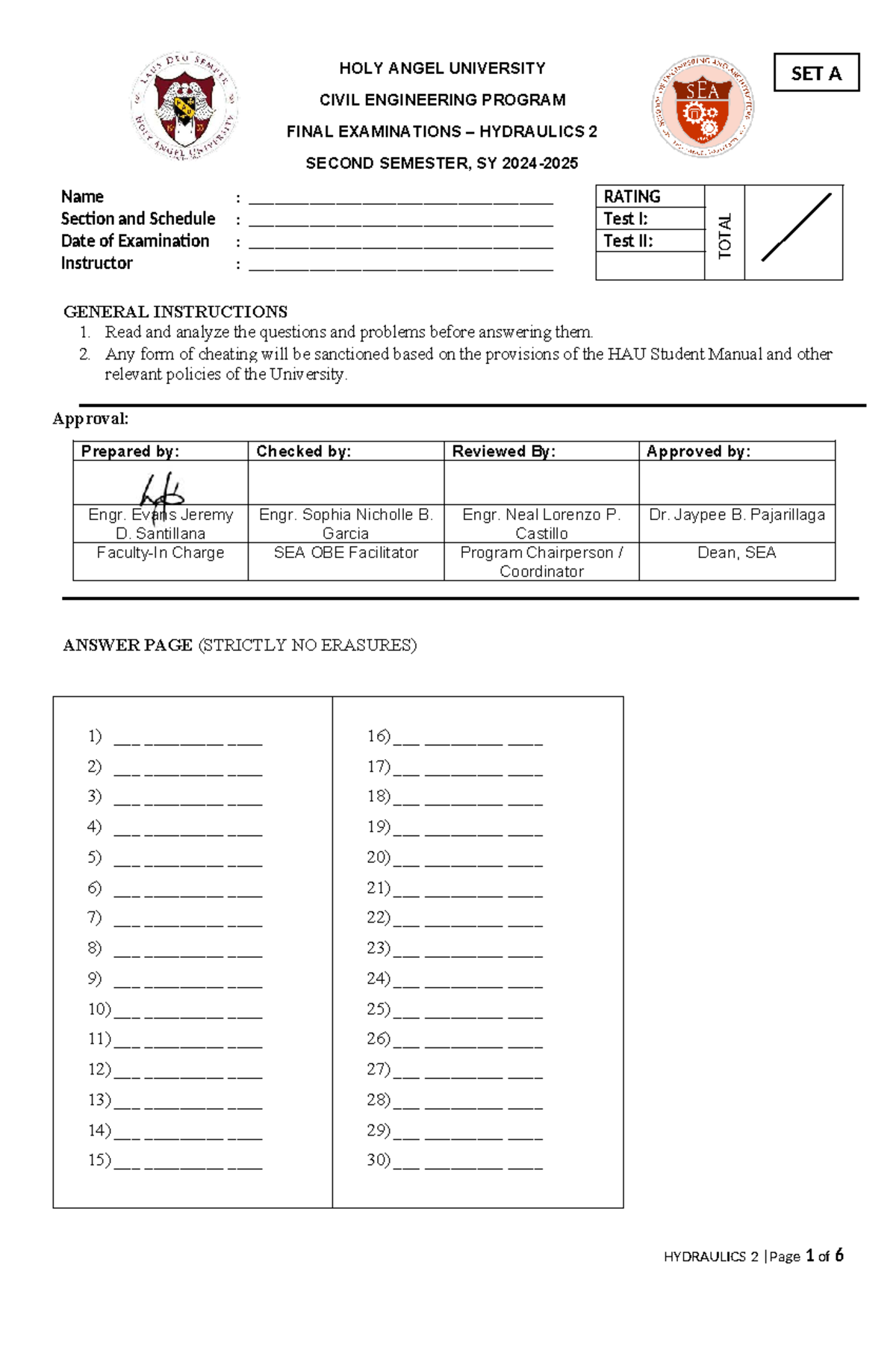 Final Exam - Hydraulics 2 (CE Program) SET A Answer Key - Studocu