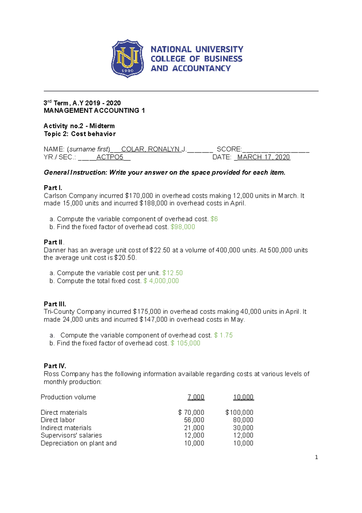 Midterm Exam Review: Management Accounting 1 (A.Y. 2019-2020) - Studocu