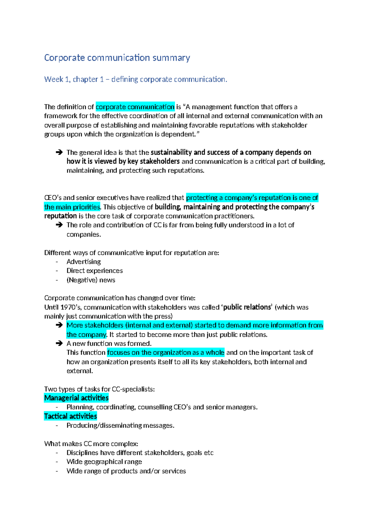 Corporate Communication Summary: Key Concepts and Evolution (CC101 ...