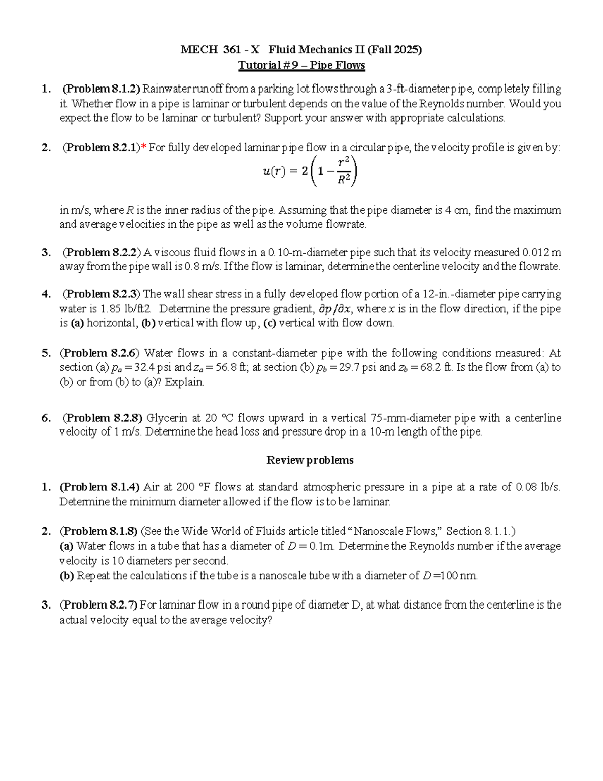MECH 361 X Fluid Mechanics II (Fall 2025) Tutorial 9: Pipe Flow ...