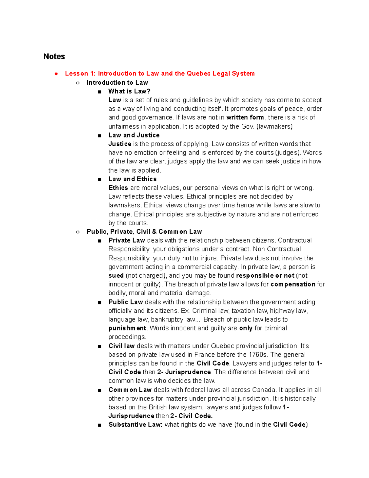 Midterm 1 Full Summary - Notes Lesson 1: Introduction to Law and the ...