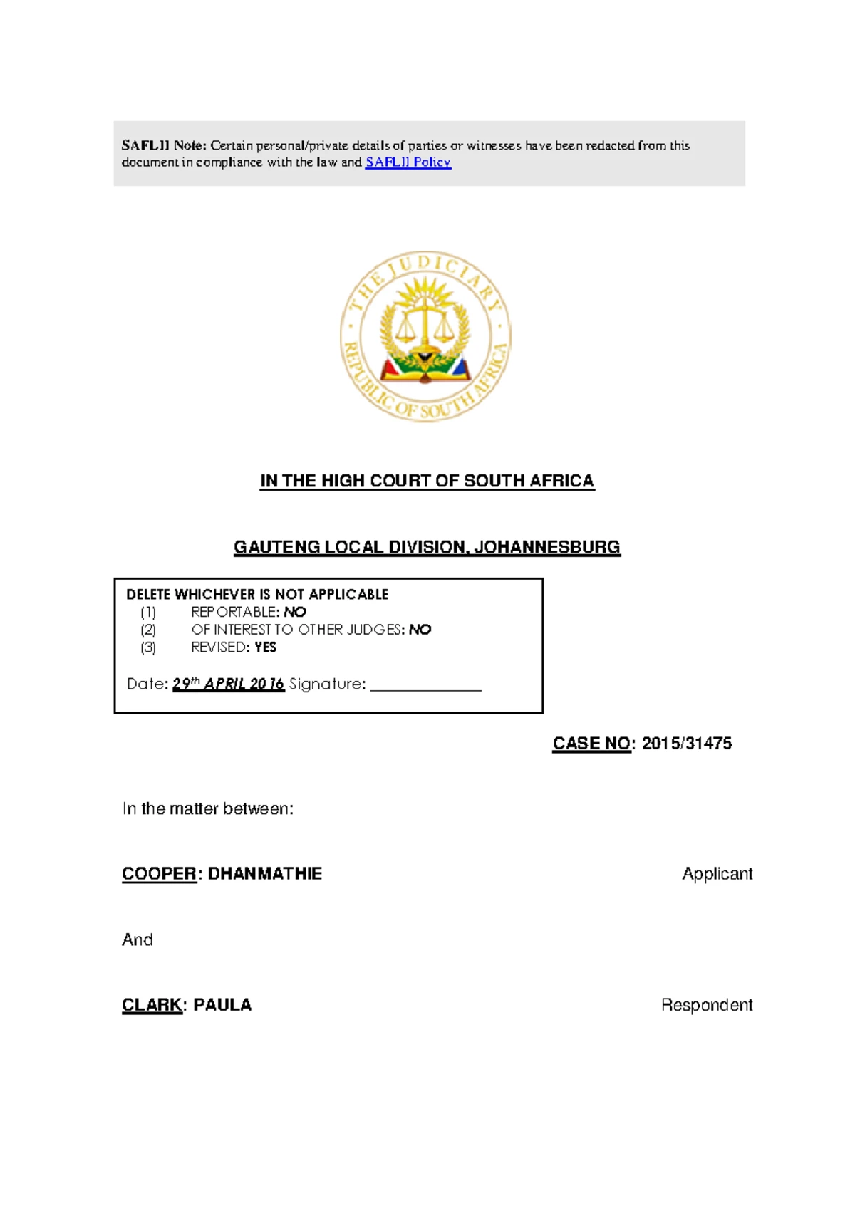 Interdict Application: First National Bank Ltd. Case No. 59502/2021 ...