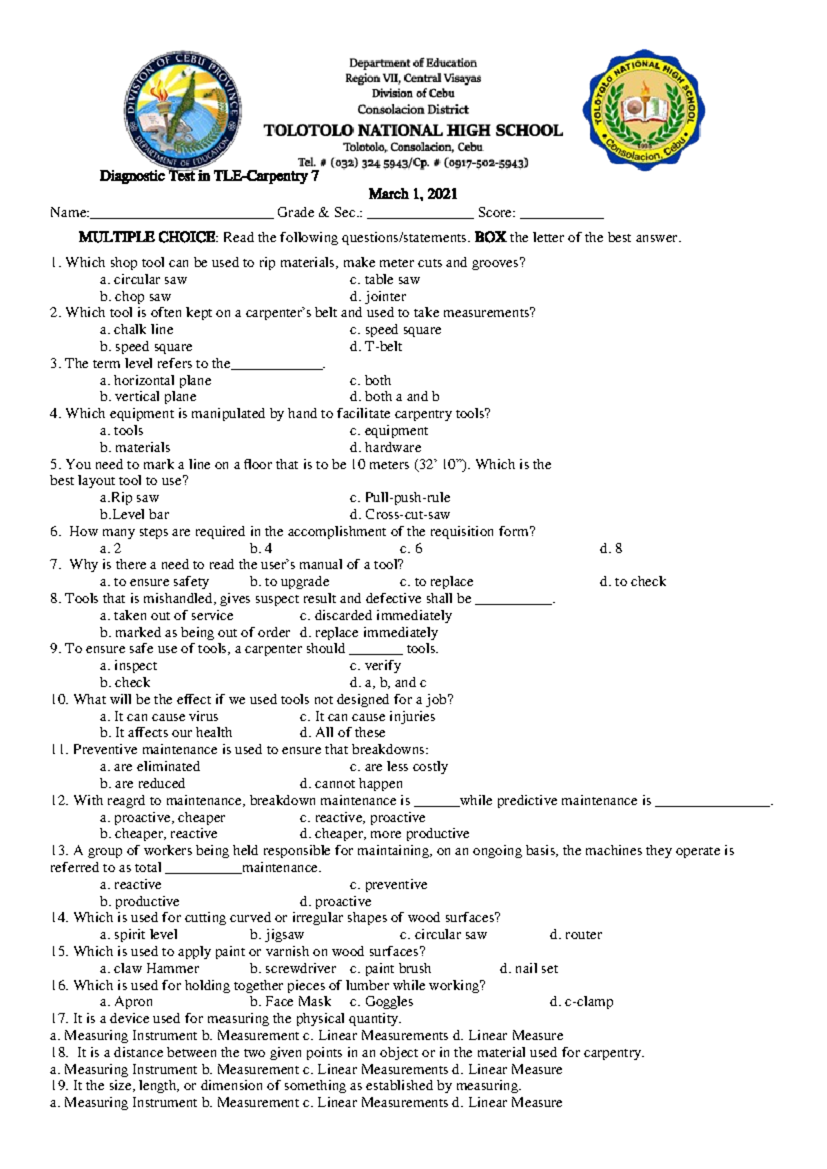 Diagnostic Test for Carpentry 7: Tools and Safety Measures - Studocu