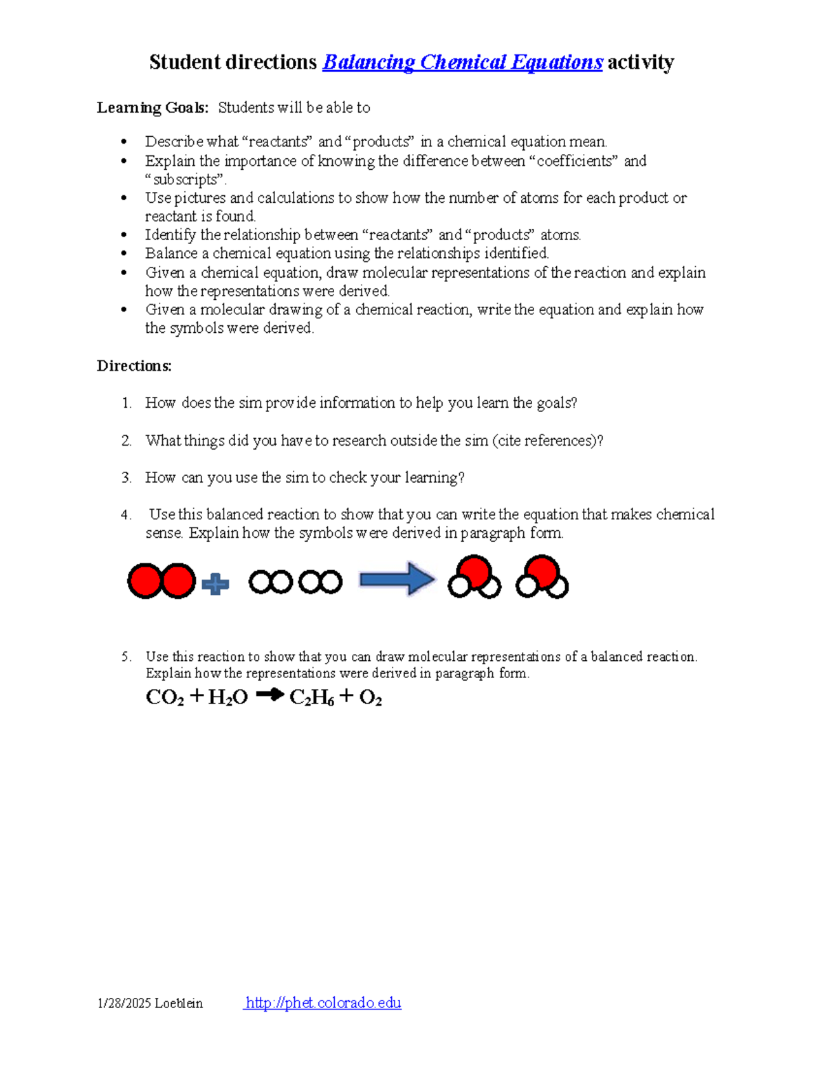 Balancing Chemical Equations student directions - Student directions ...