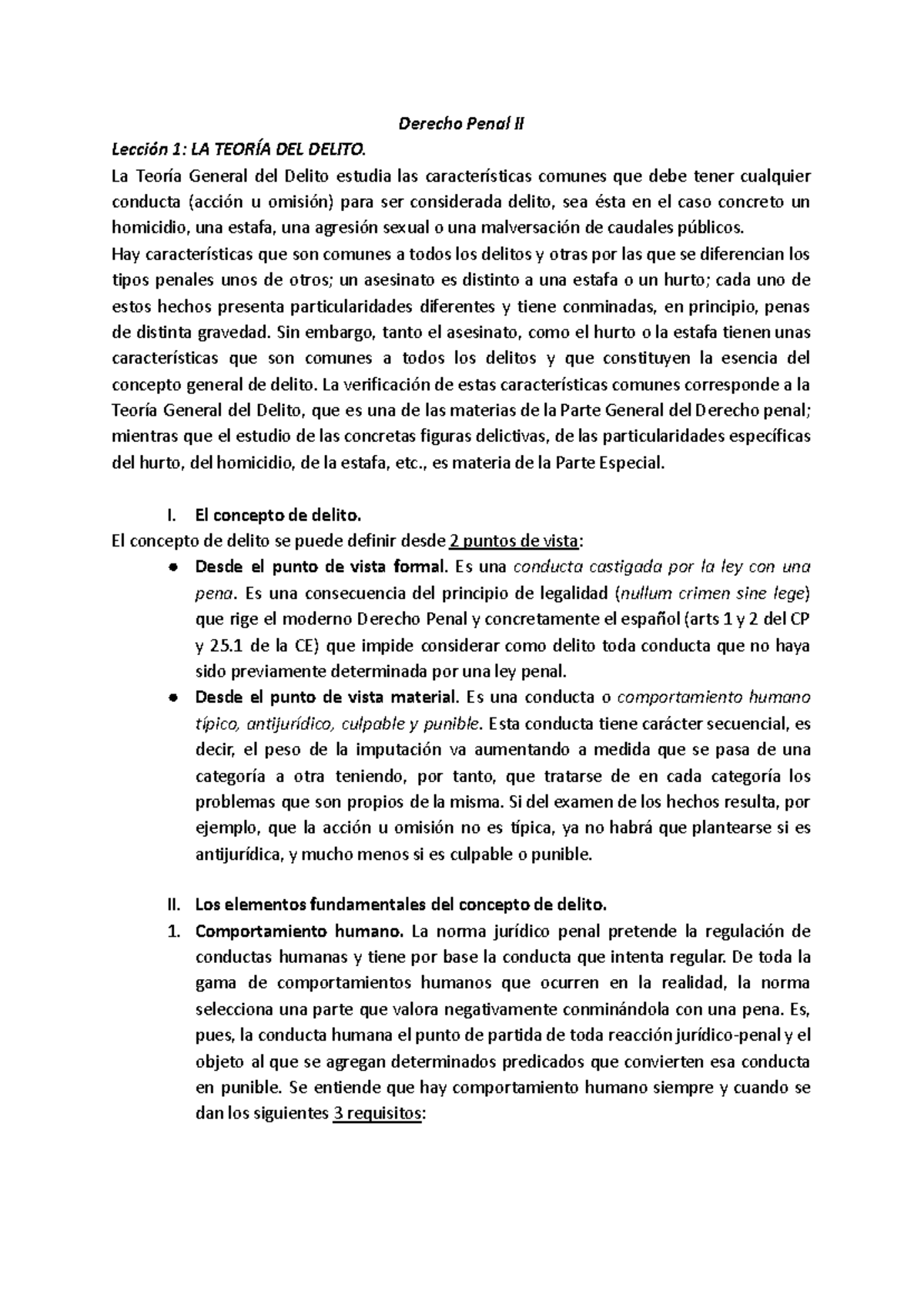 Derecho Penal II: Lección 1 - Teoría del Delito y sus Elementos - Studocu