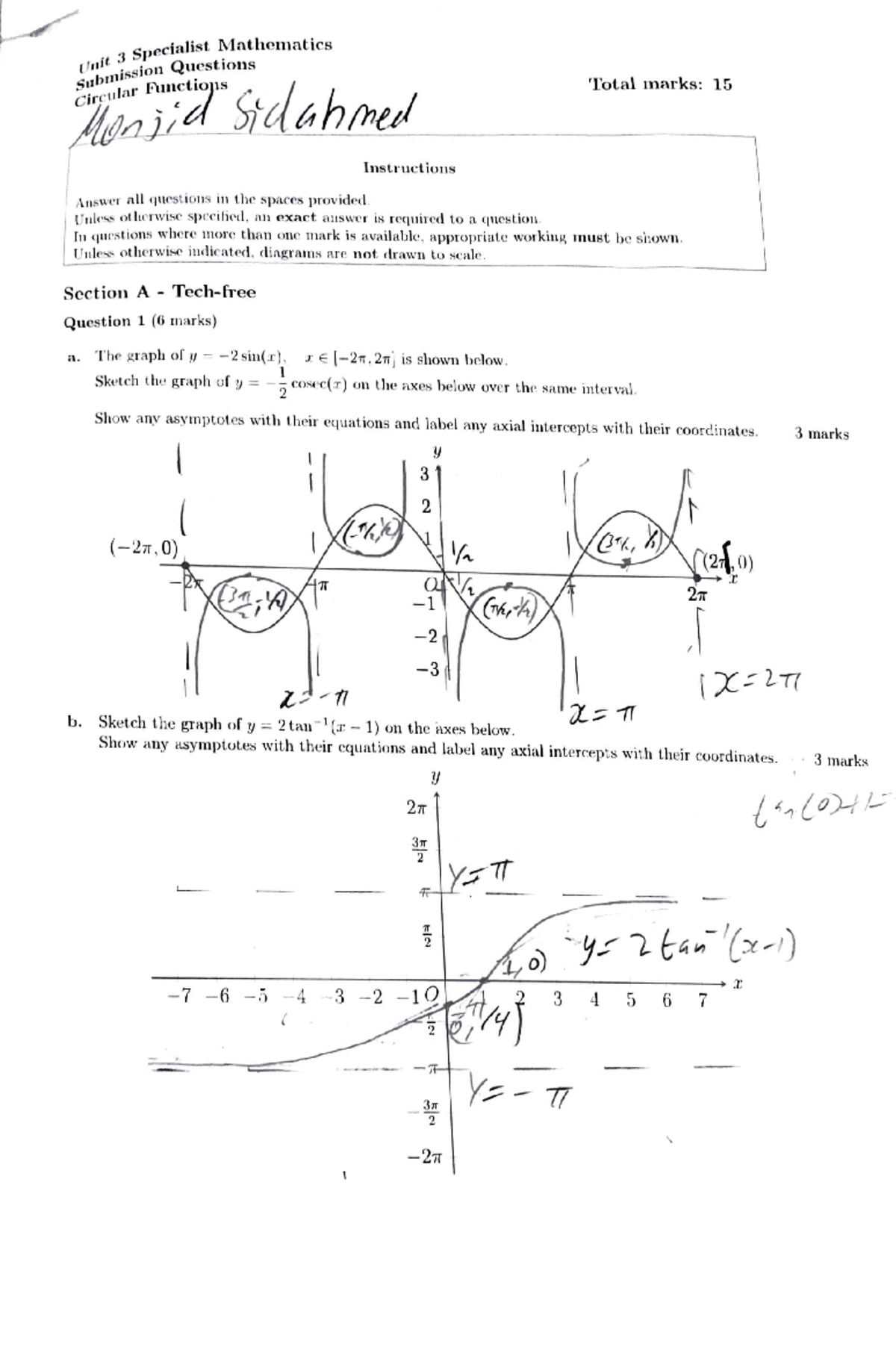 Circular Functions Submission Questions - Specialist Mathematics (Total ...