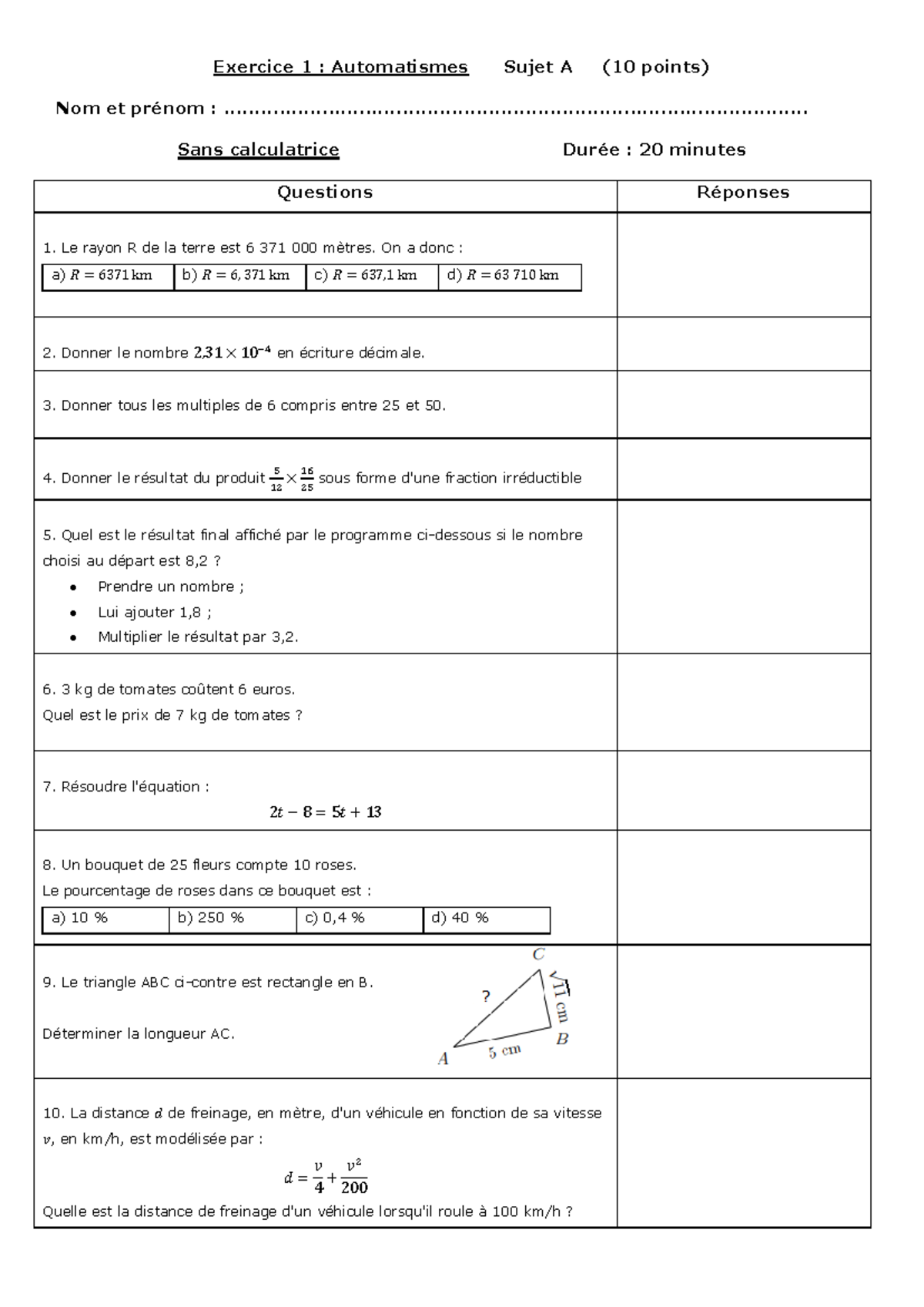 Automatismes Devoir Commun - Exercices A et B (Mathématiques) - Studocu