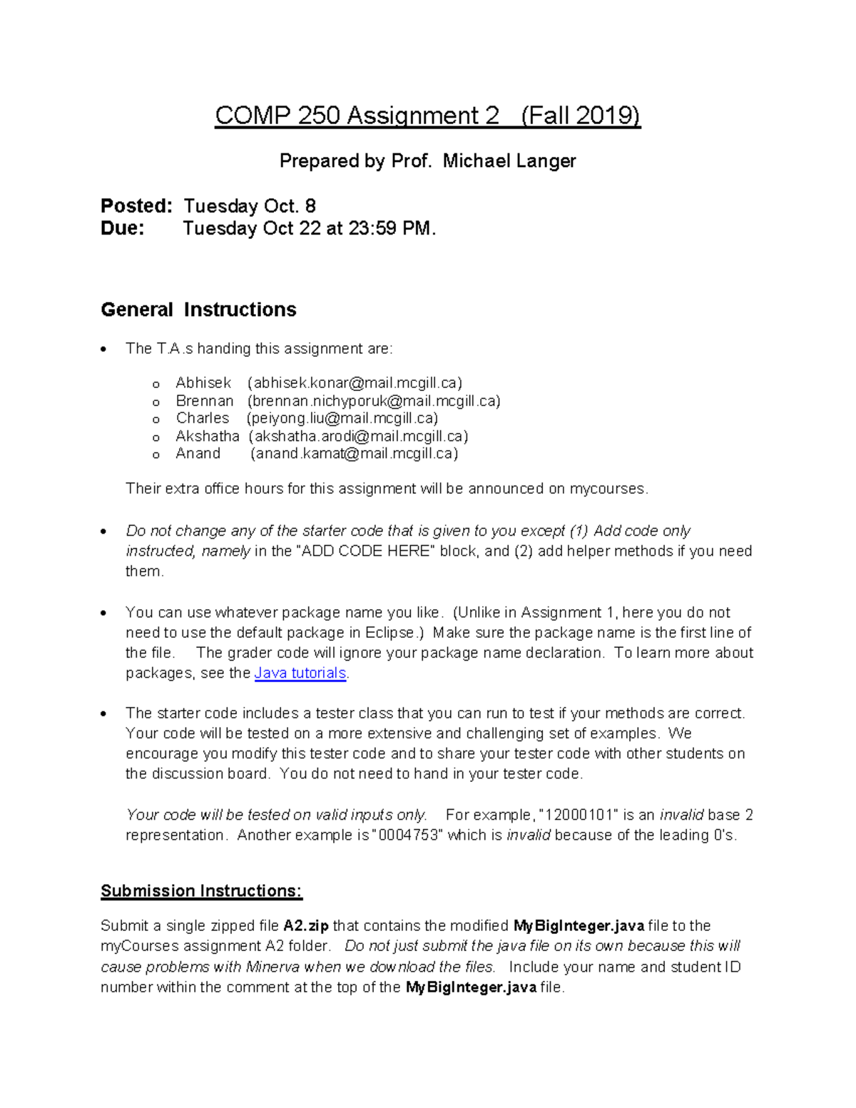 COMP 250 Assignment 2 - MyBigInteger Implementation Guide - Studocu