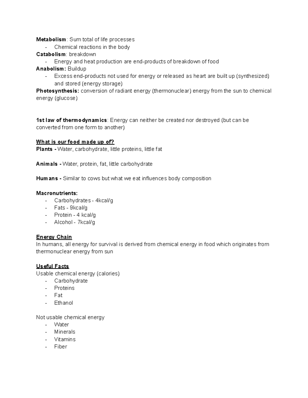 KIN110 Metabolism Concepts and Energy Management Notes - Metabolism ...
