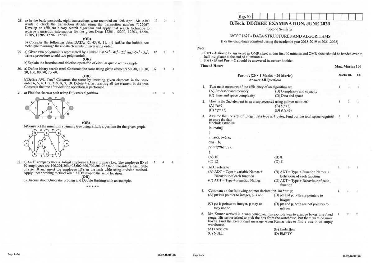 DSA 18CSC162J Final Exam Question Bank - June 2023 - Studocu