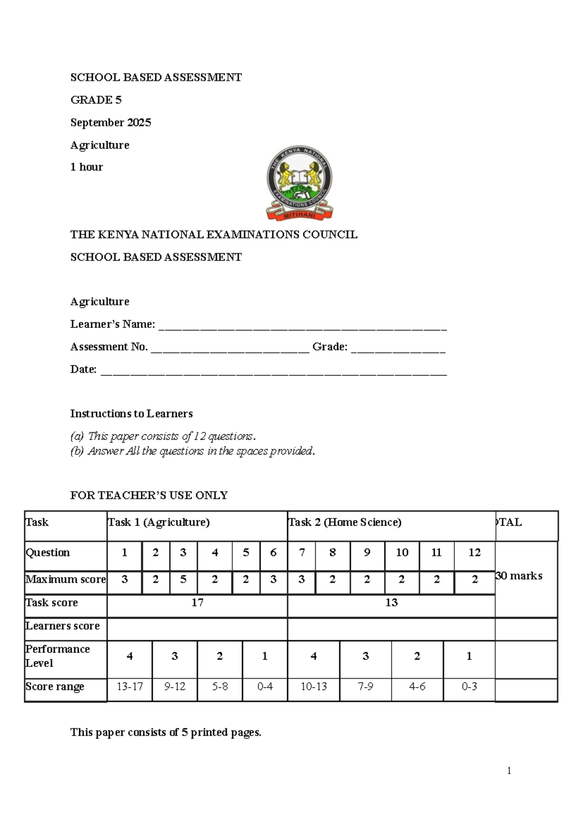 Grade 5 Agriculture School Based Assessment - September 2025 - Studocu
