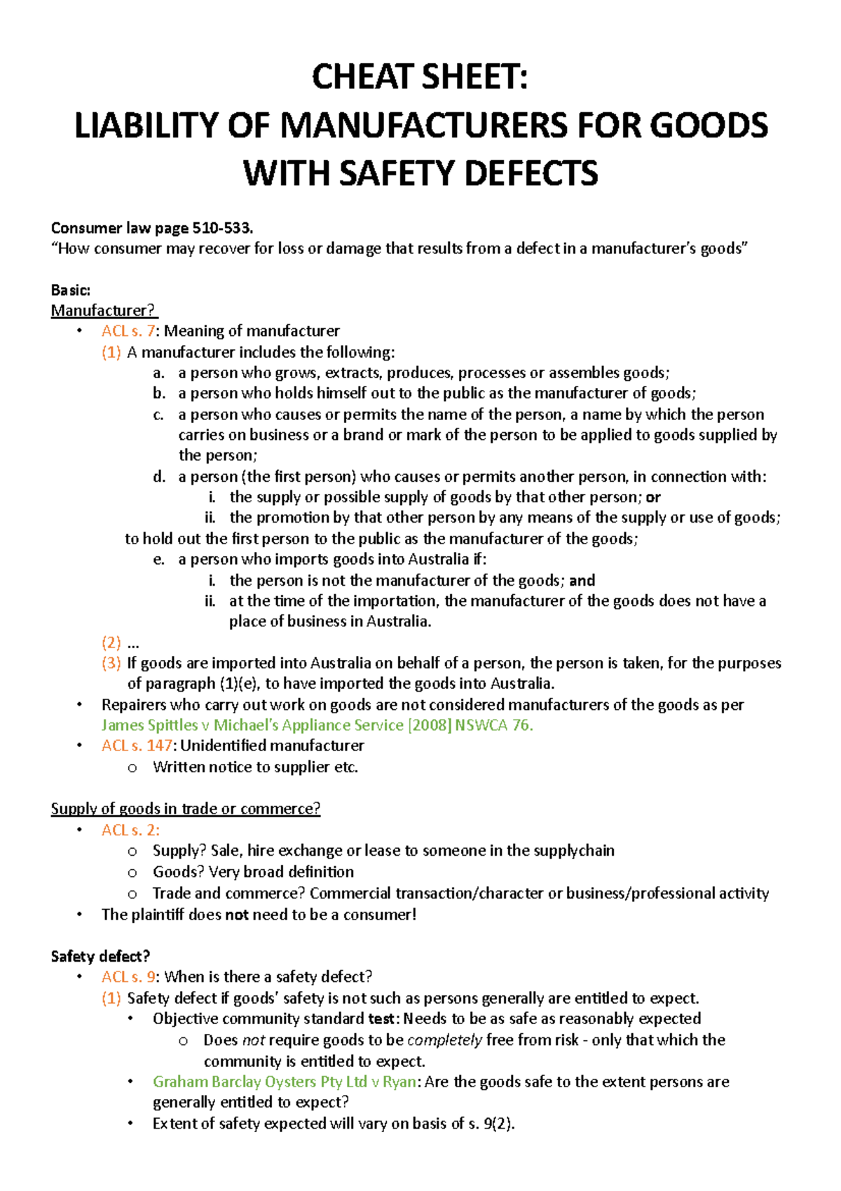 Liability of Manufacturers for Goods with Safety Defects - Cheat Sheet ...