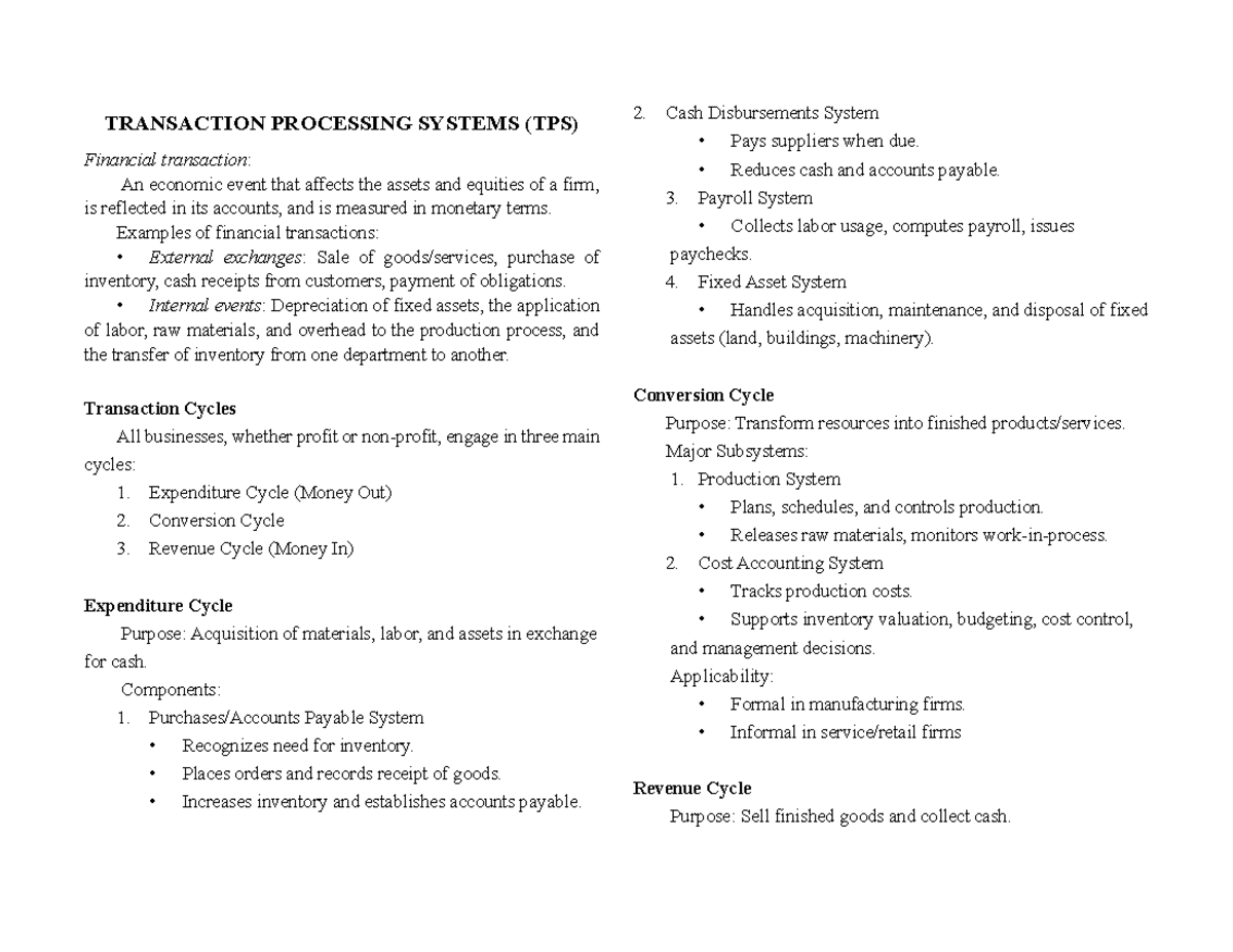 BIT102 Transaction Processing Systems (TPS) Summary Handouts - Studocu