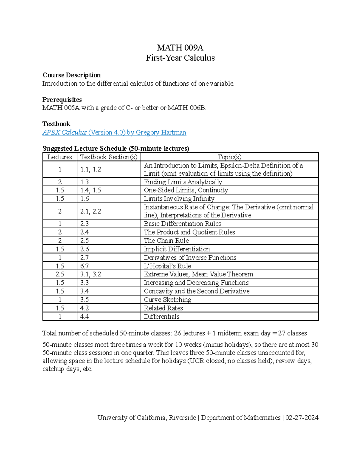 MATH 009A Calculus Syllabus: Differential Calculus Overview - Studocu