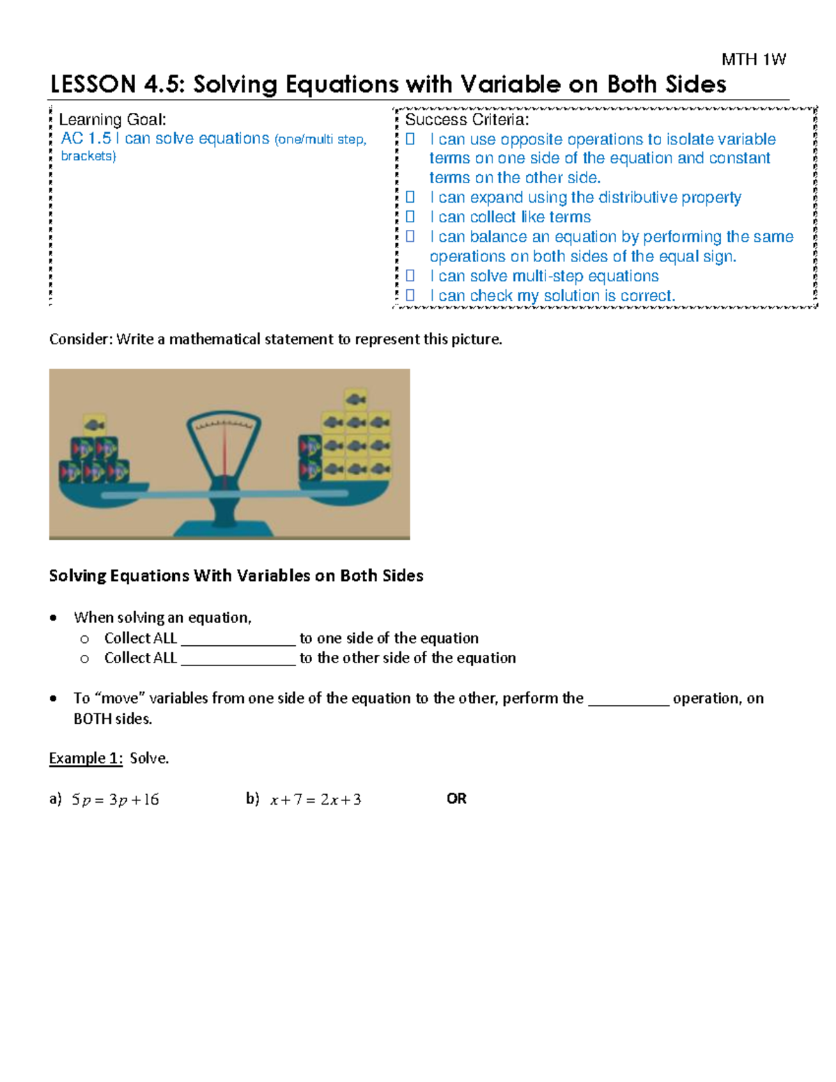 MTH 1W - Lesson 4.5: Solving Equations with Variables on Both Sides ...