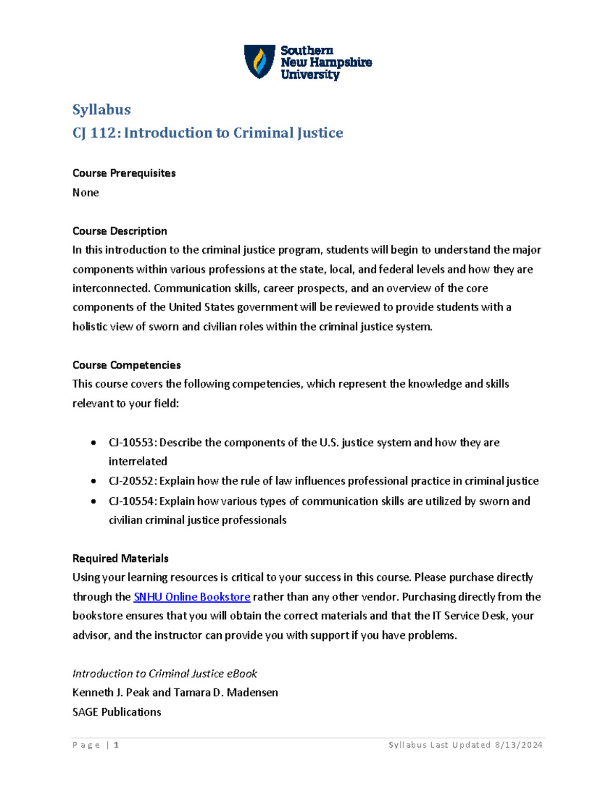 CJ 112 Syllabus: Intro to Criminal Justice Overview and Requirements ...