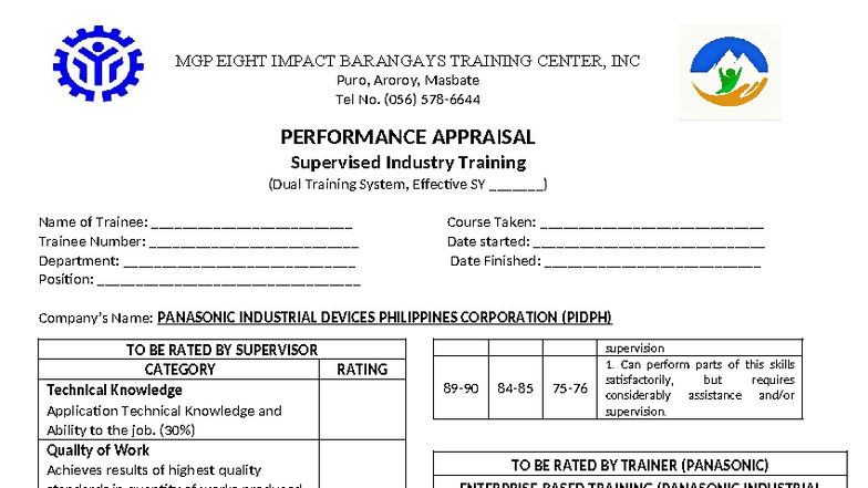 MGP Performance Appraisal for Supervised Industry Training - Studocu