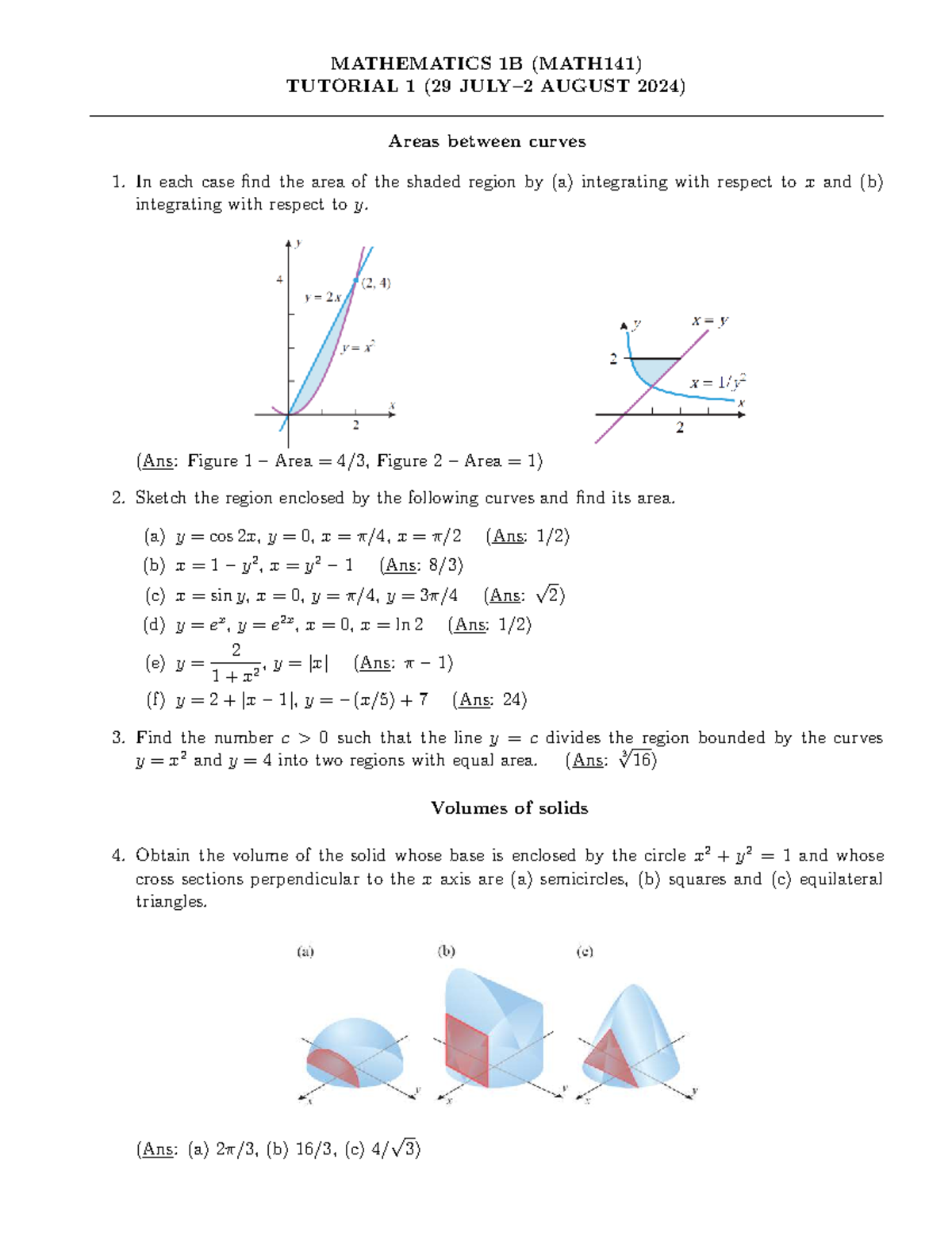MATHEMATICS 1B (MATH141) TUTORIAL 1: Areas & Volumes Analysis - Studocu