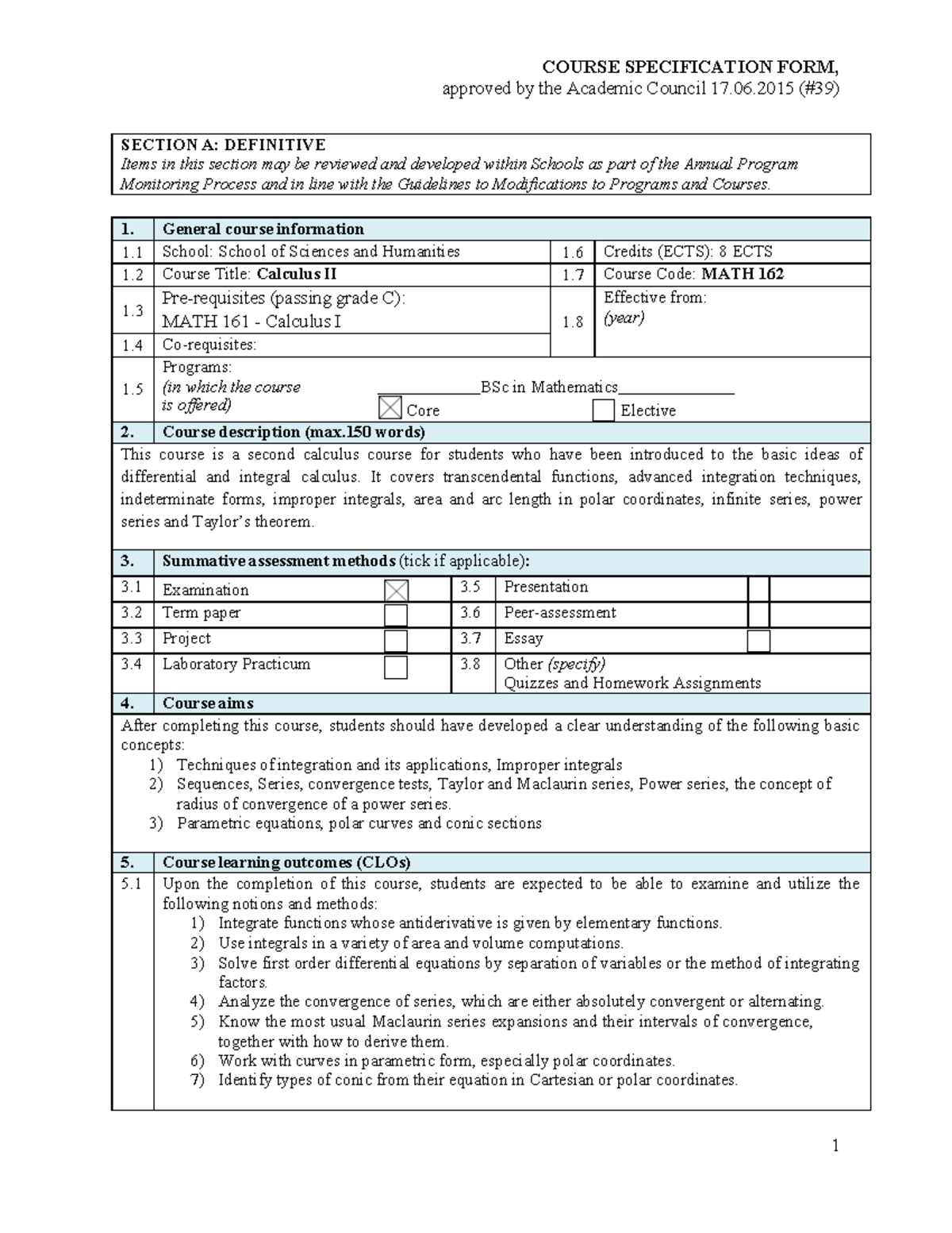 MATH 162 Calculus II Course Specification - Spring 2025 - Studocu