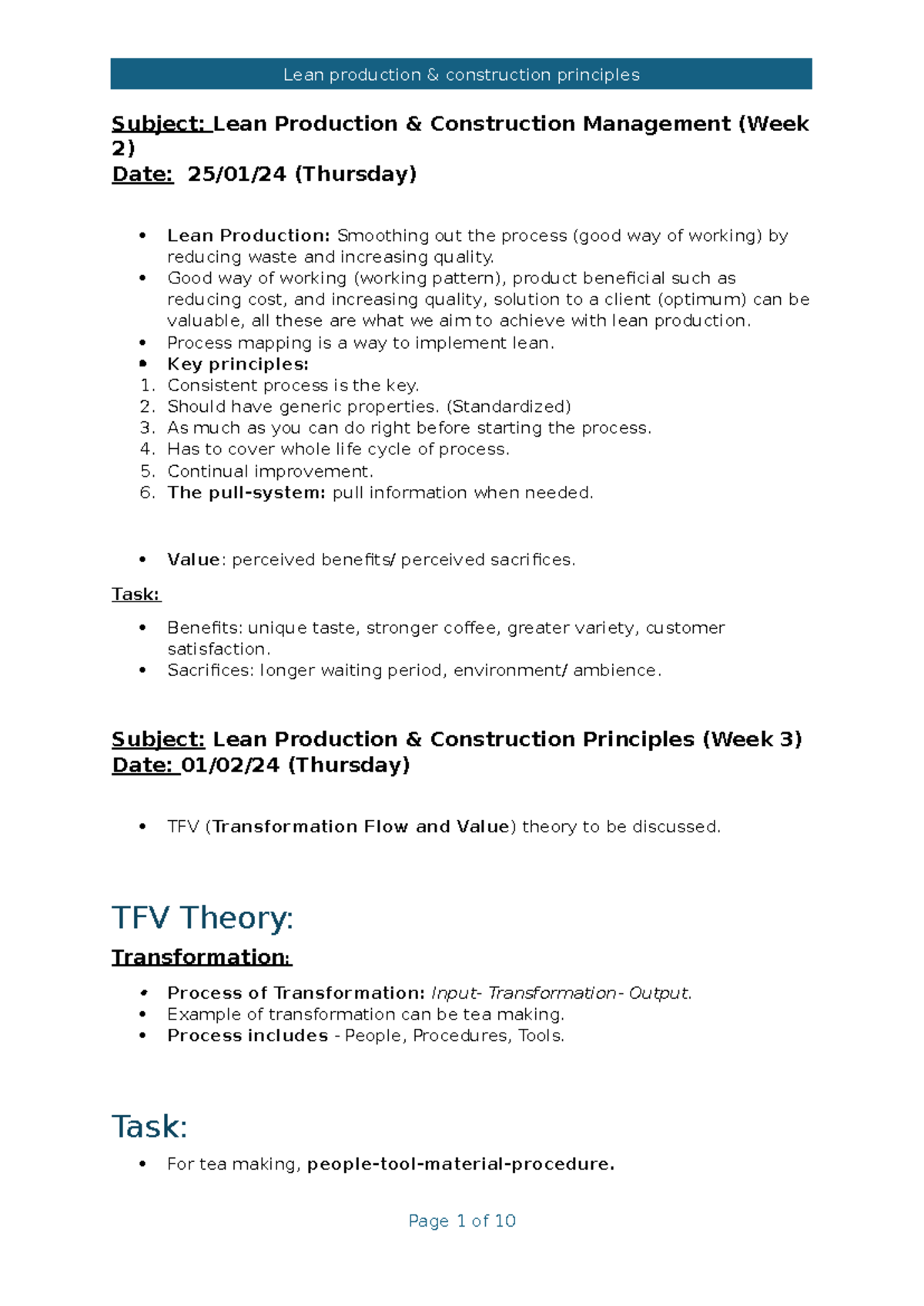Lean Class Notes - Subject: Lean Production & Construction Management ...