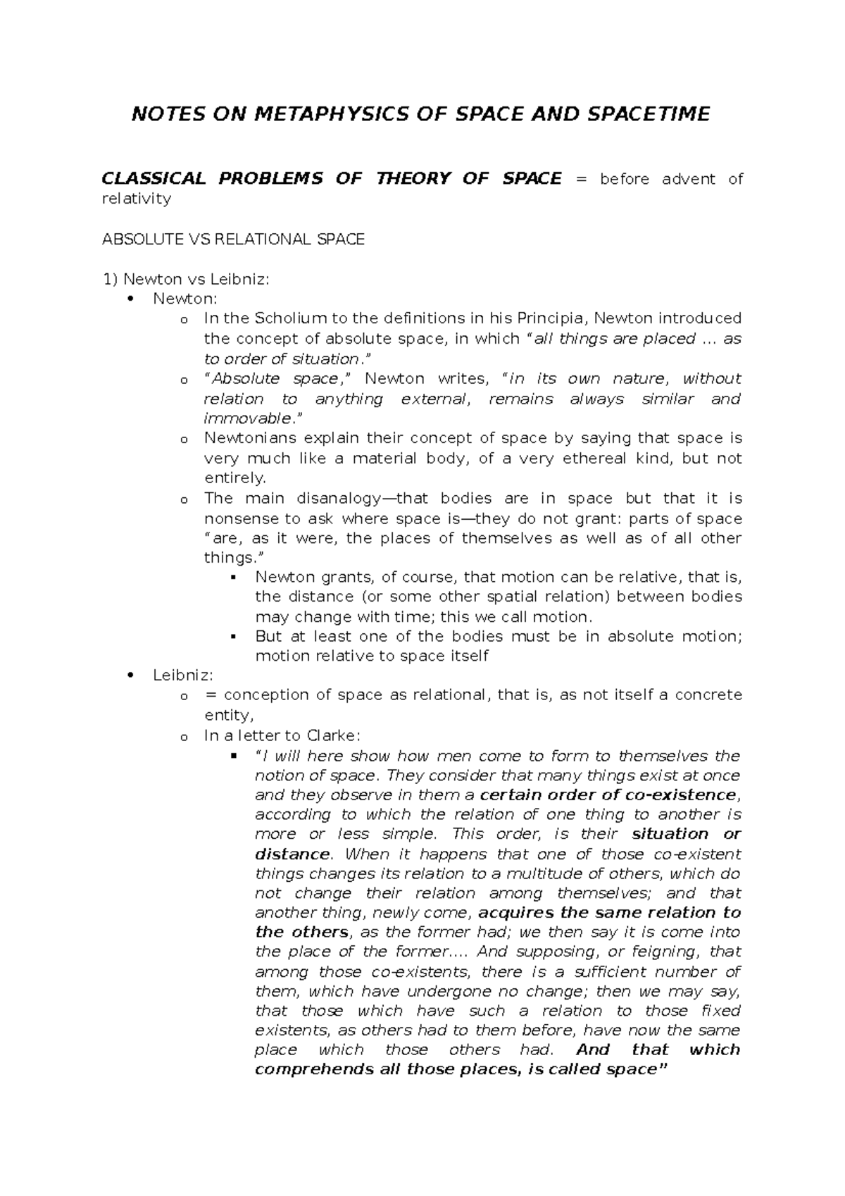 Notes ON Metaphysics OF Space AND Spacetime - NOTES ON METAPHYSICS OF ...