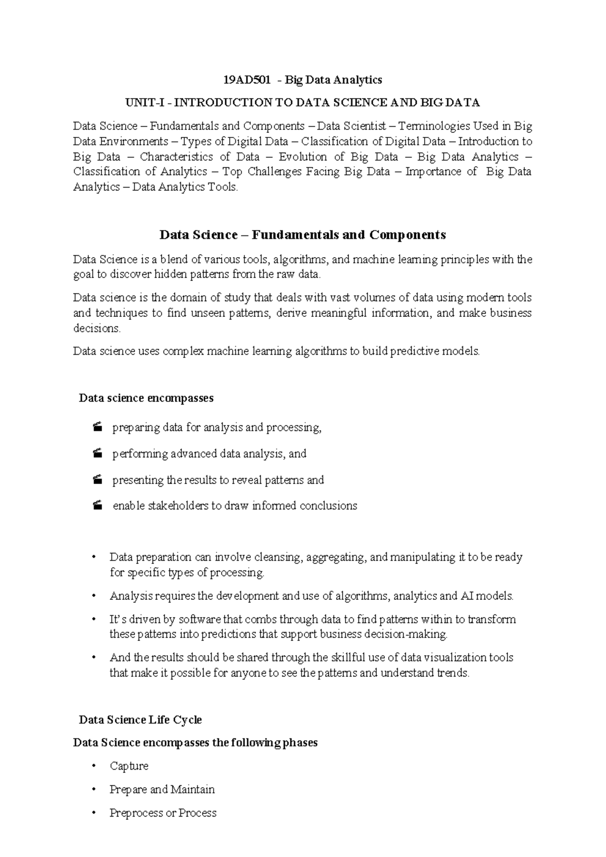 Unit 1 - Introduction to Data Science and Big Data (19AD501) - Studocu