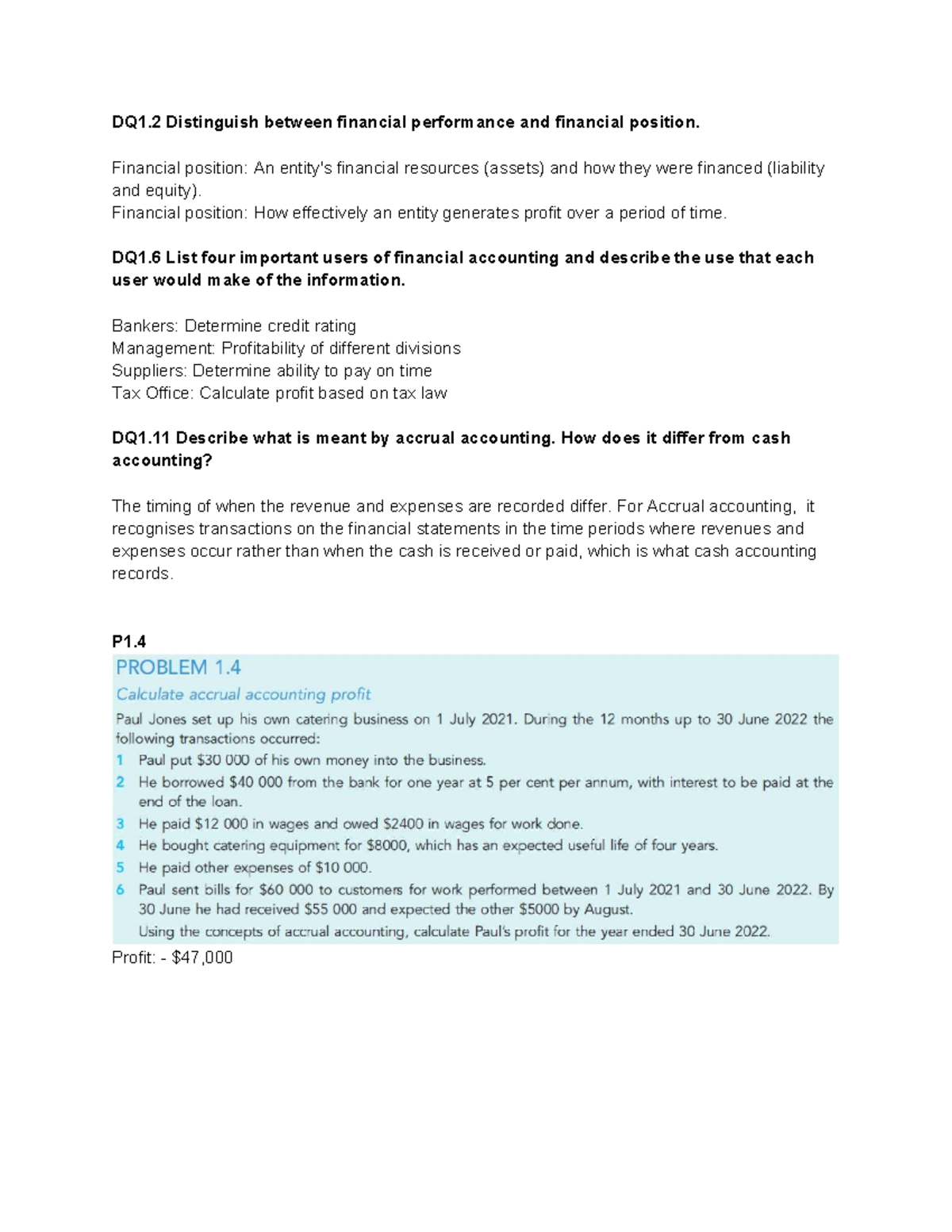 Week 1 Tutorial Answers: Financial Performance & Position DQ1.2-1.11 ...