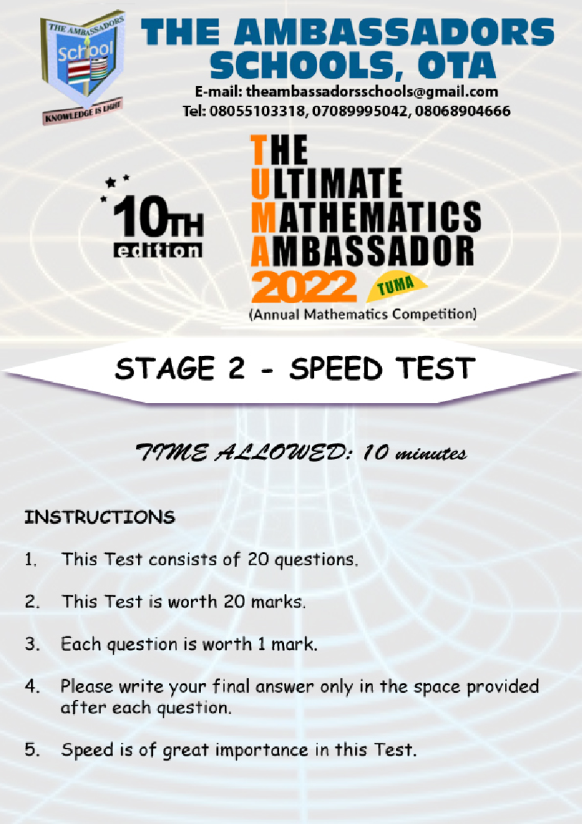 TUMA-2022 Stage 2 Mathematics Speed Test Questions - Studocu