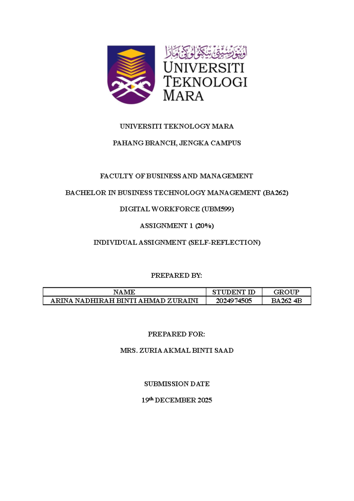 UBM599 - Self Reflection on Digital Workforce Assignment - Studocu