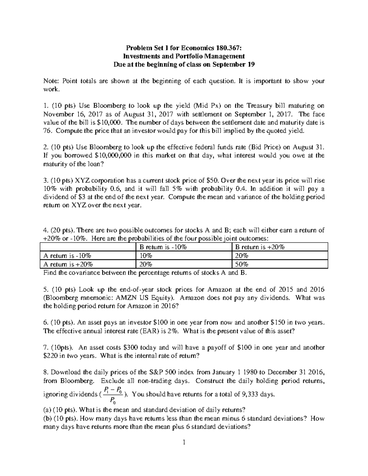 Pset1 - hw1 - Problem Set I for Economics 180: Investments and ...