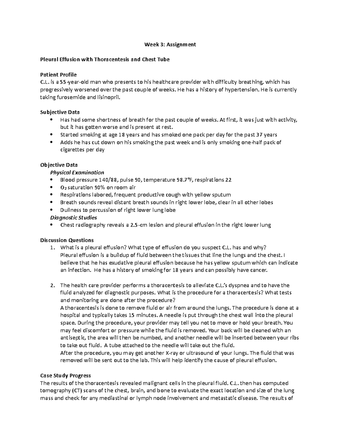 Week 3: Chest Tube Management Assignment (Pleural Effusion Case Study ...