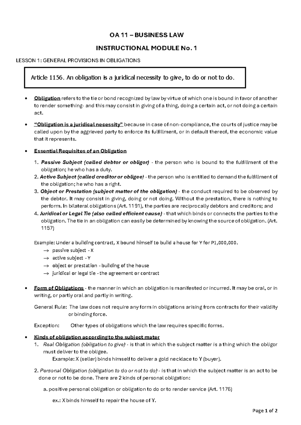 OA11 Module No. 1 - law - Page 1 of 2 OA 11 – BUSINESS LAW ...