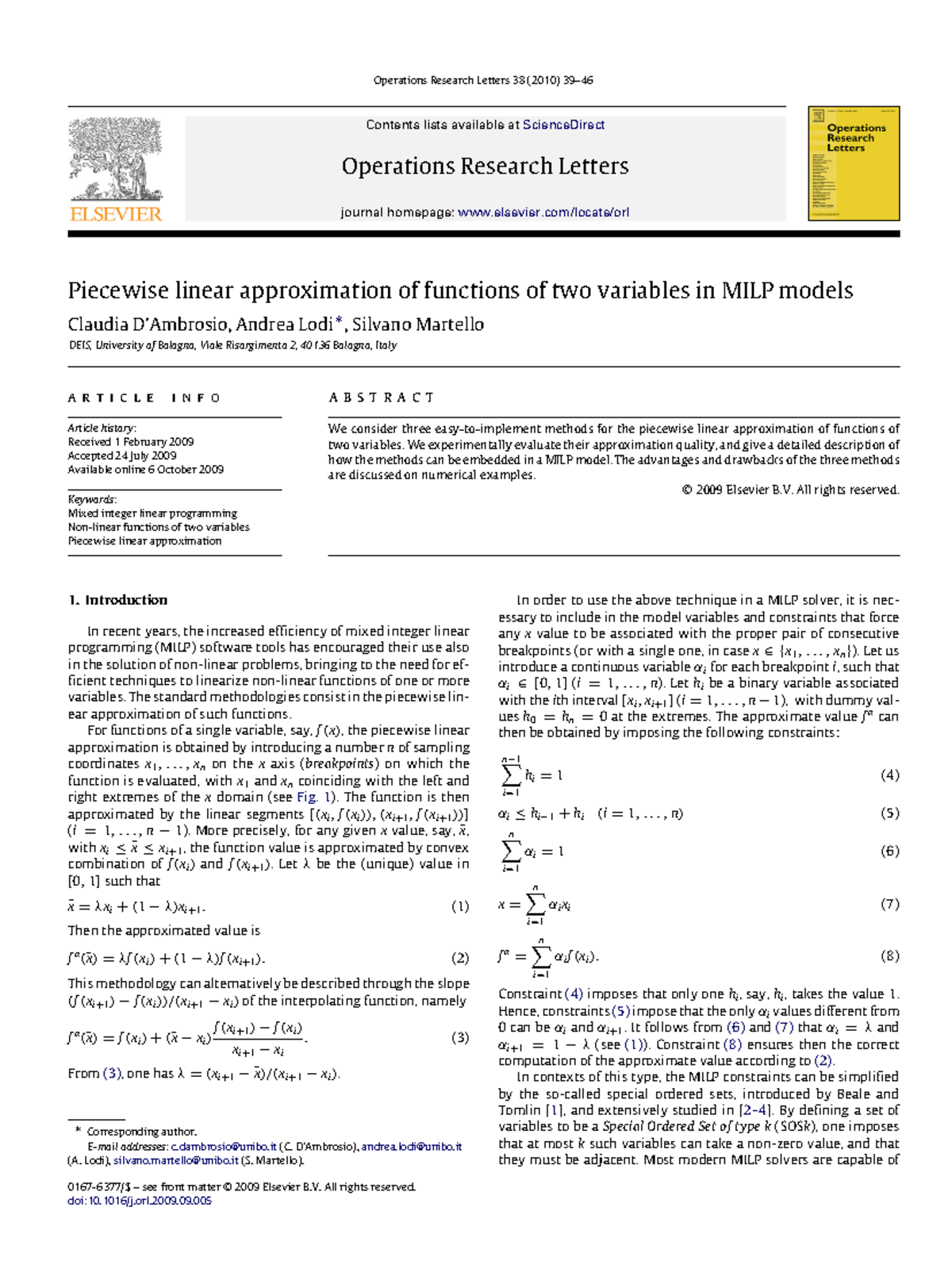 Piecewise Linear Approximation in MILP Models: A Study on Methods - Studocu