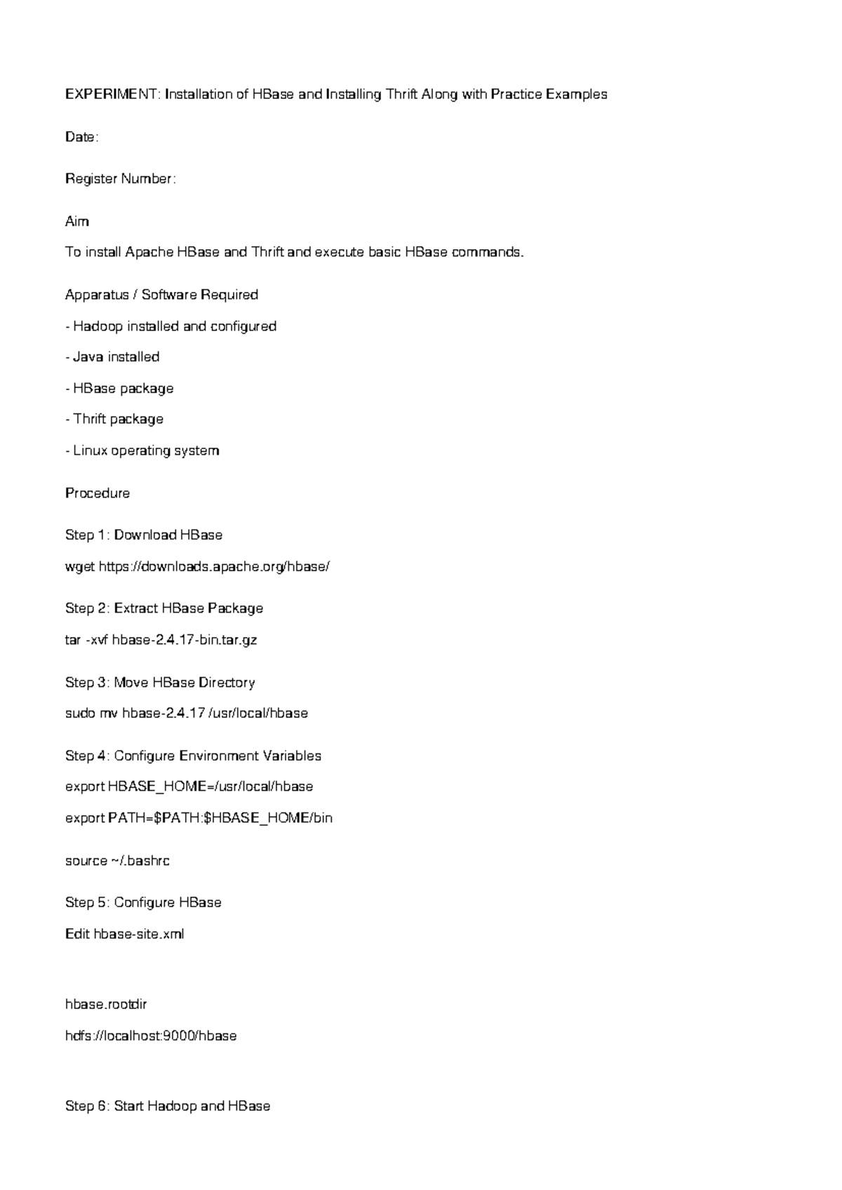 HBase Thrift Lab Record: Installation & Basic Commands Guide - Studocu