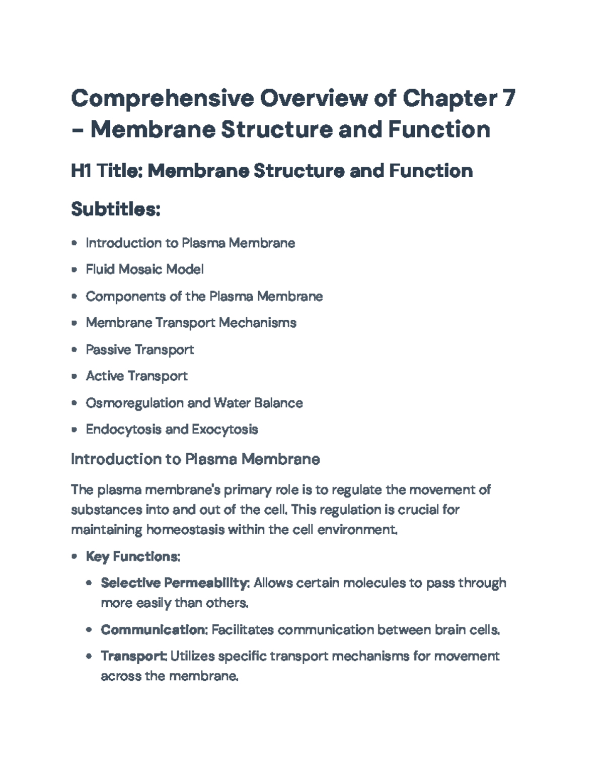 Membrane Structure and Function: Overview of Chapter 7 Concepts ...
