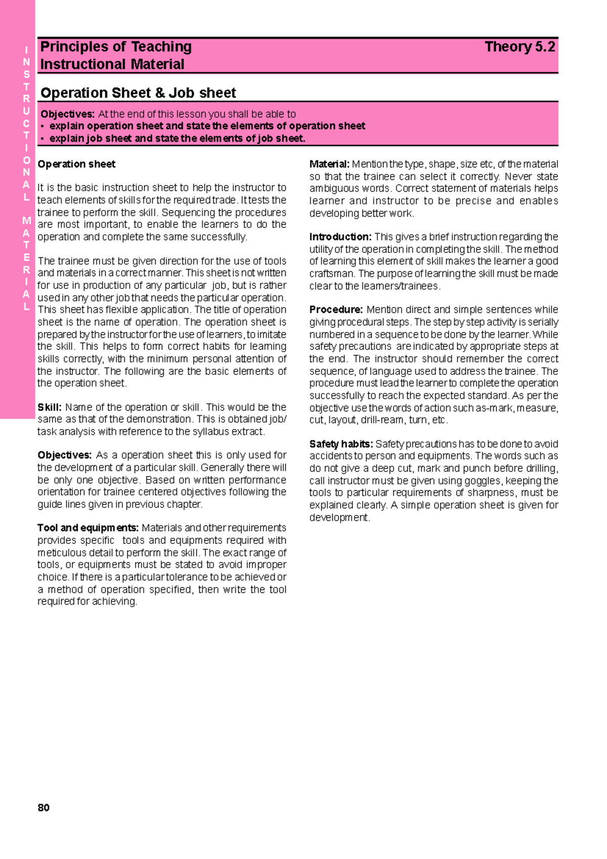 Theory 5.2: Operation & Job Sheet Guidelines for Teaching Skills - Studocu