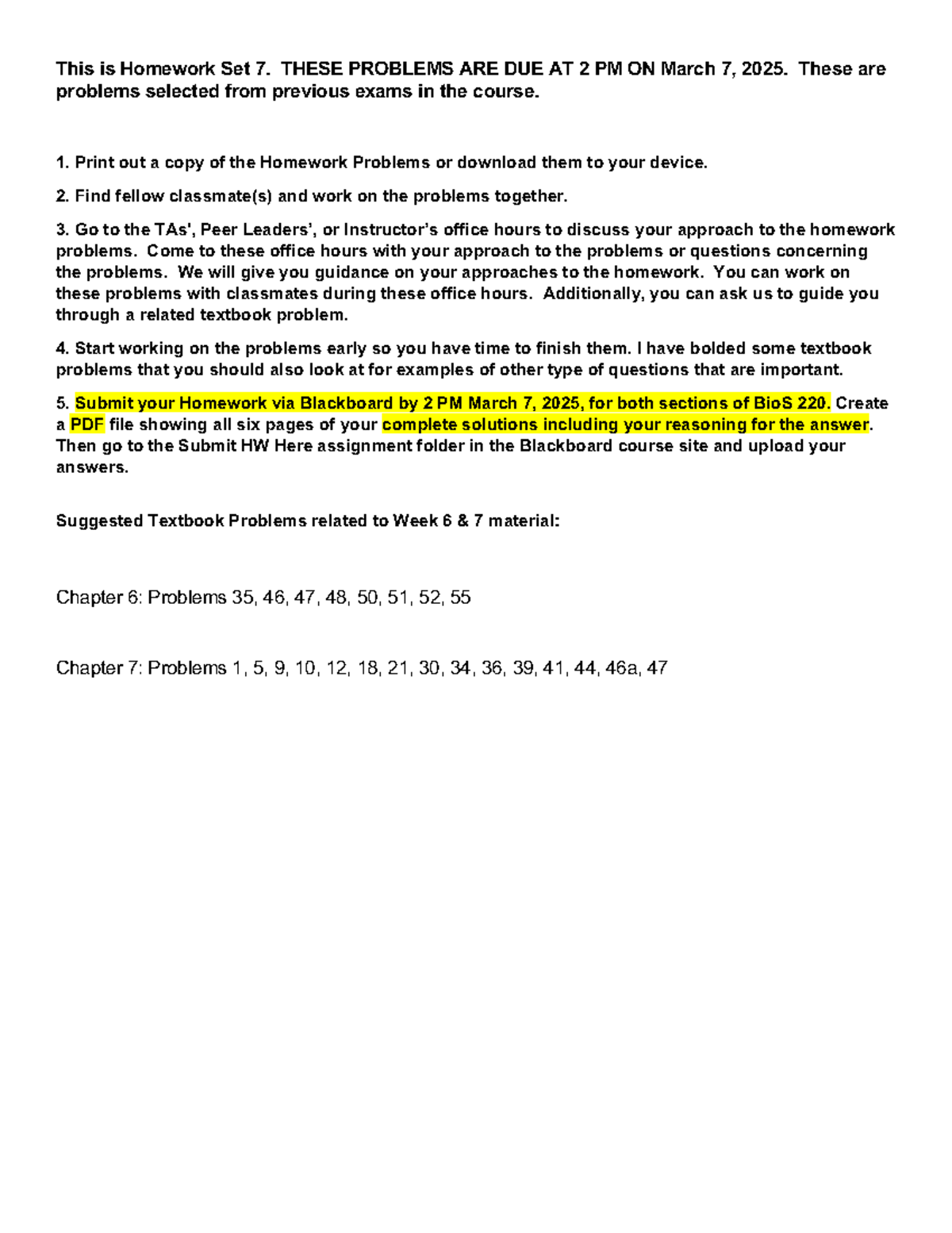 Homework Set 7 (BioS 220) - Due March 7, 2025: Problem Guidelines - Studocu