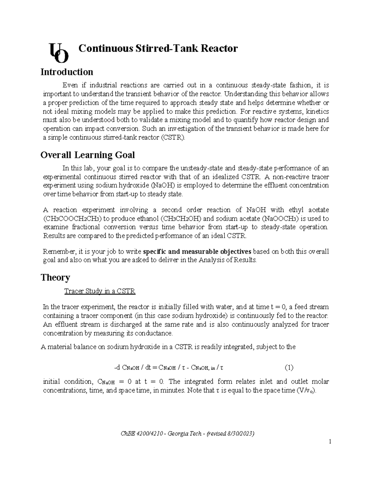 CSTR Lab Manual: Transient Behavior & Reaction Analysis - Studocu