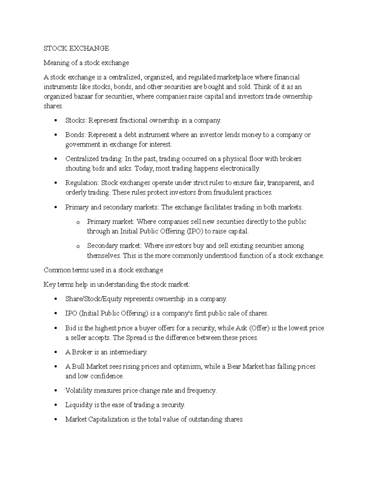 STOCK EXCHANGE (FIN 101) - Comprehensive Overview and Functions - Studocu