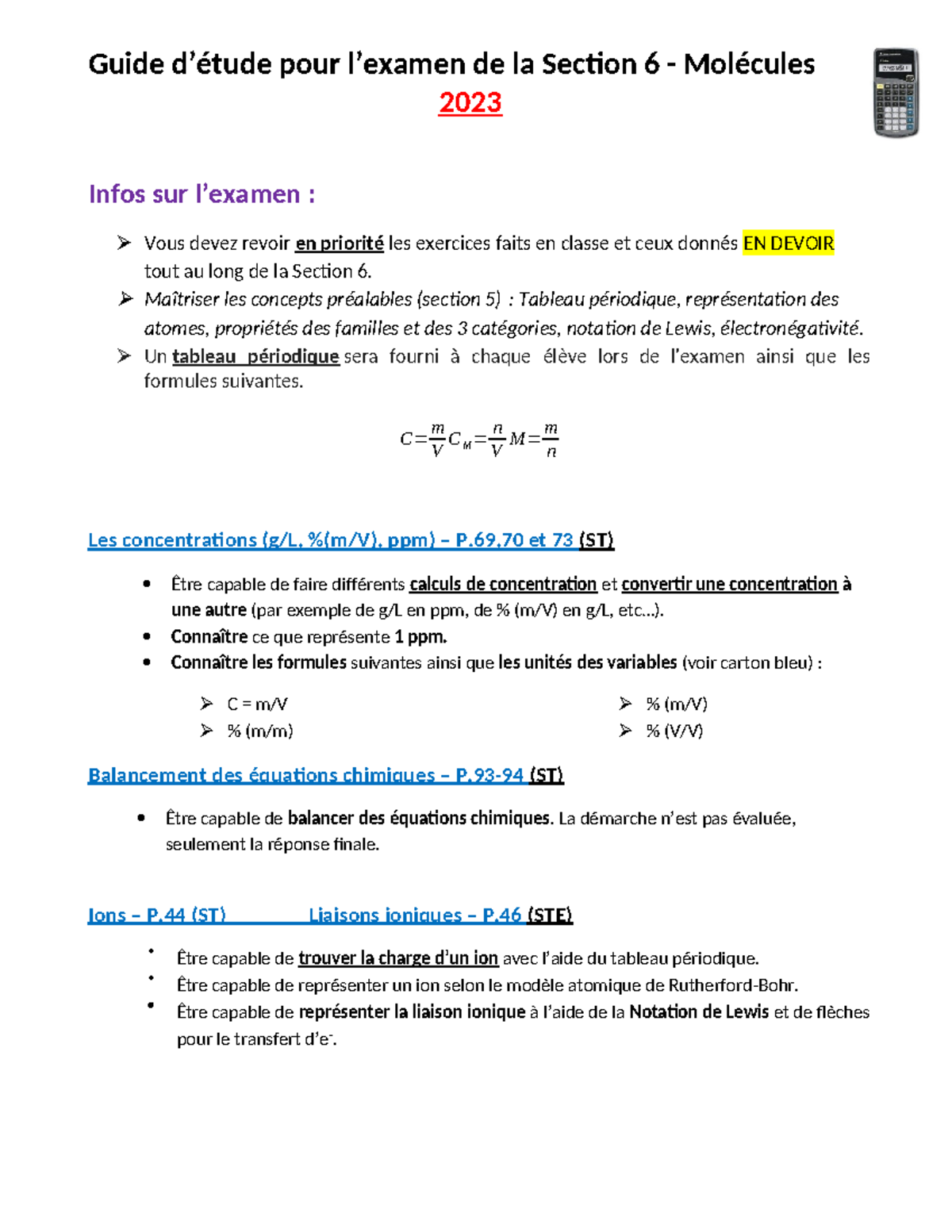 Guide d'Étude pour l'Examen Section 6 Molécules 2023 - Studocu