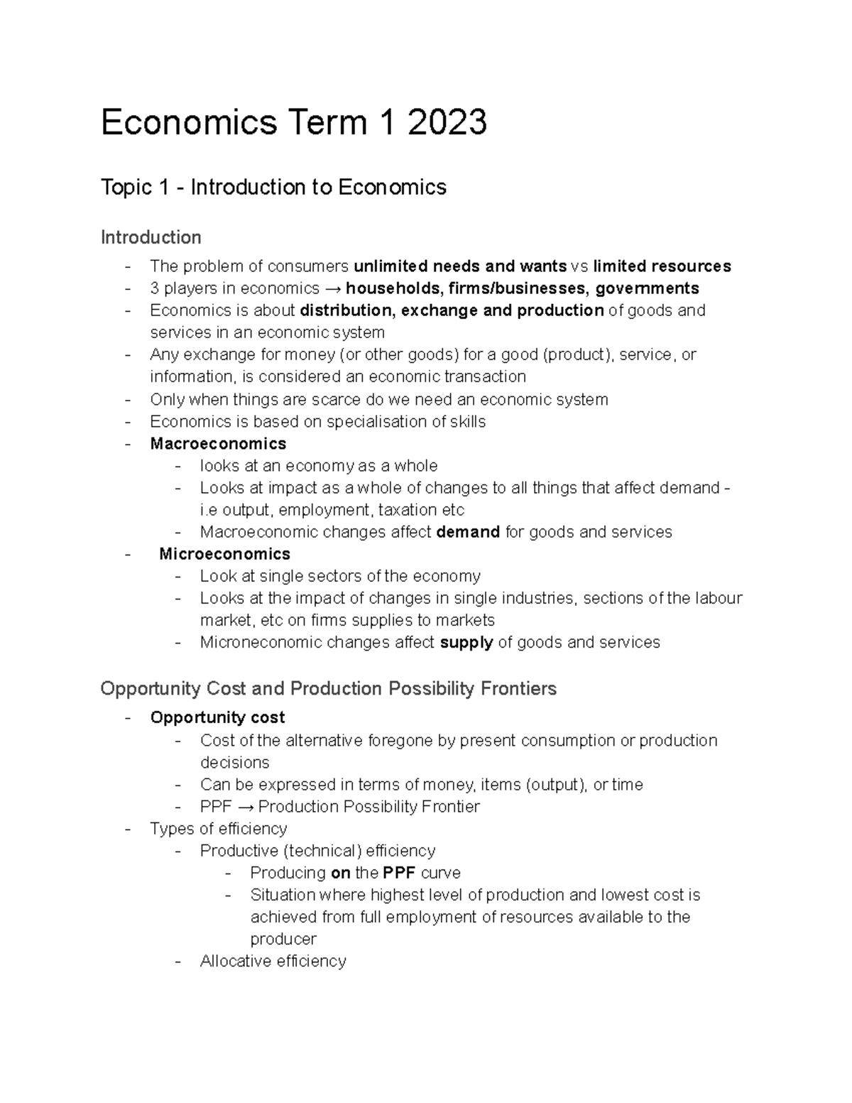 Economics Notes Year 11: Term 1 Overview and Key Concepts - Studocu