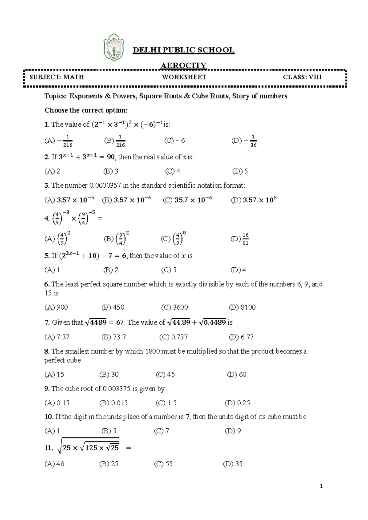 Grade 8 Math Worksheet: Exponents, Roots & Case Study (PT1) - Studocu