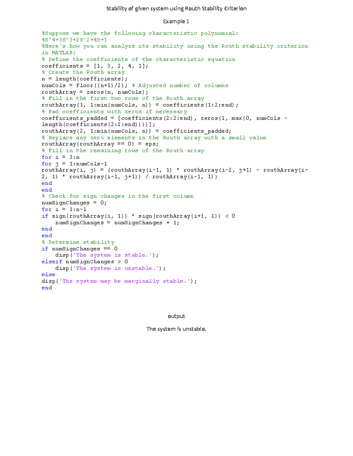 Stability Analysis of Systems Using Routh Criterion and MATLAB (Expt CS ...