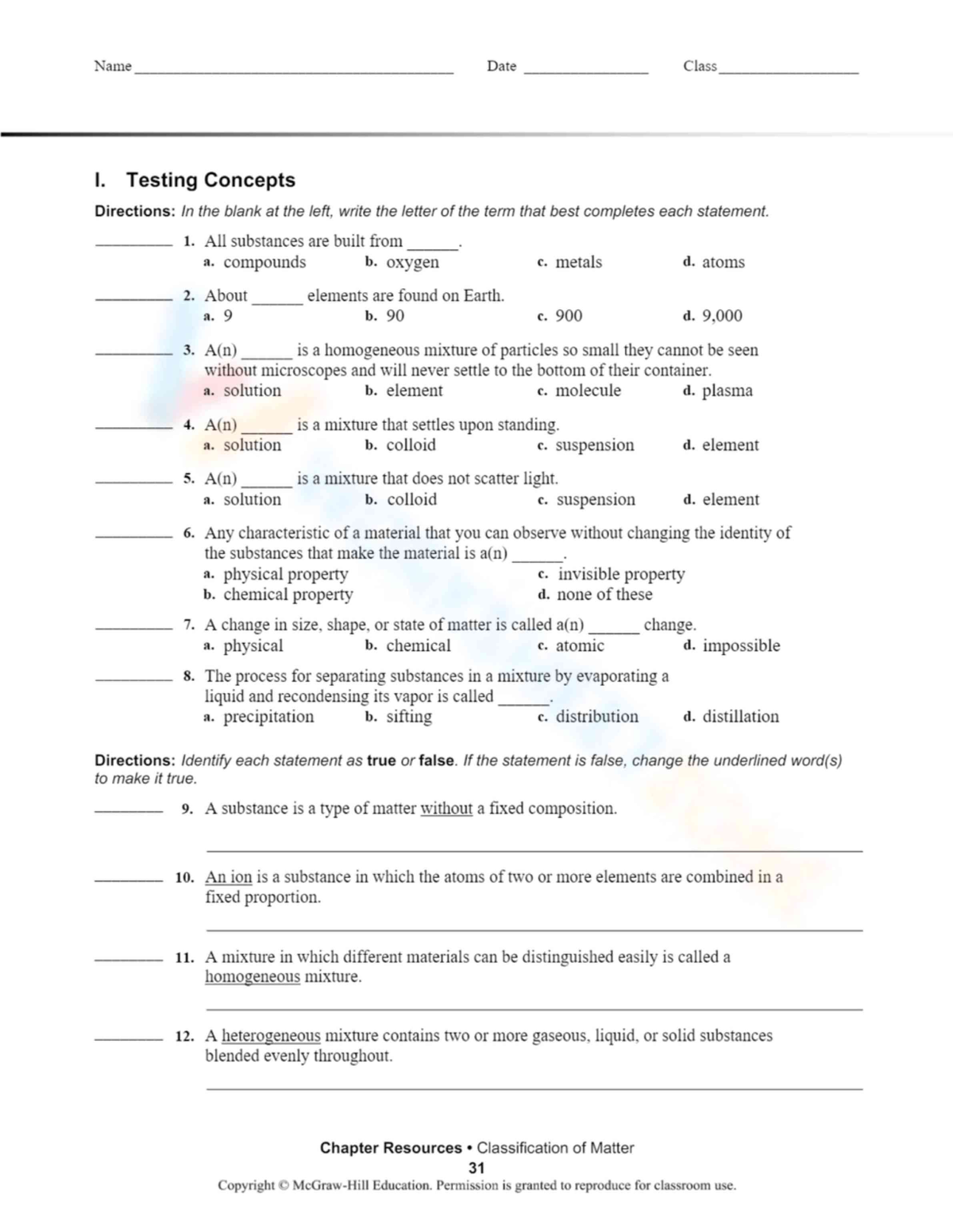 Classifying Matter Testing Concepts Worksheet - Studocu